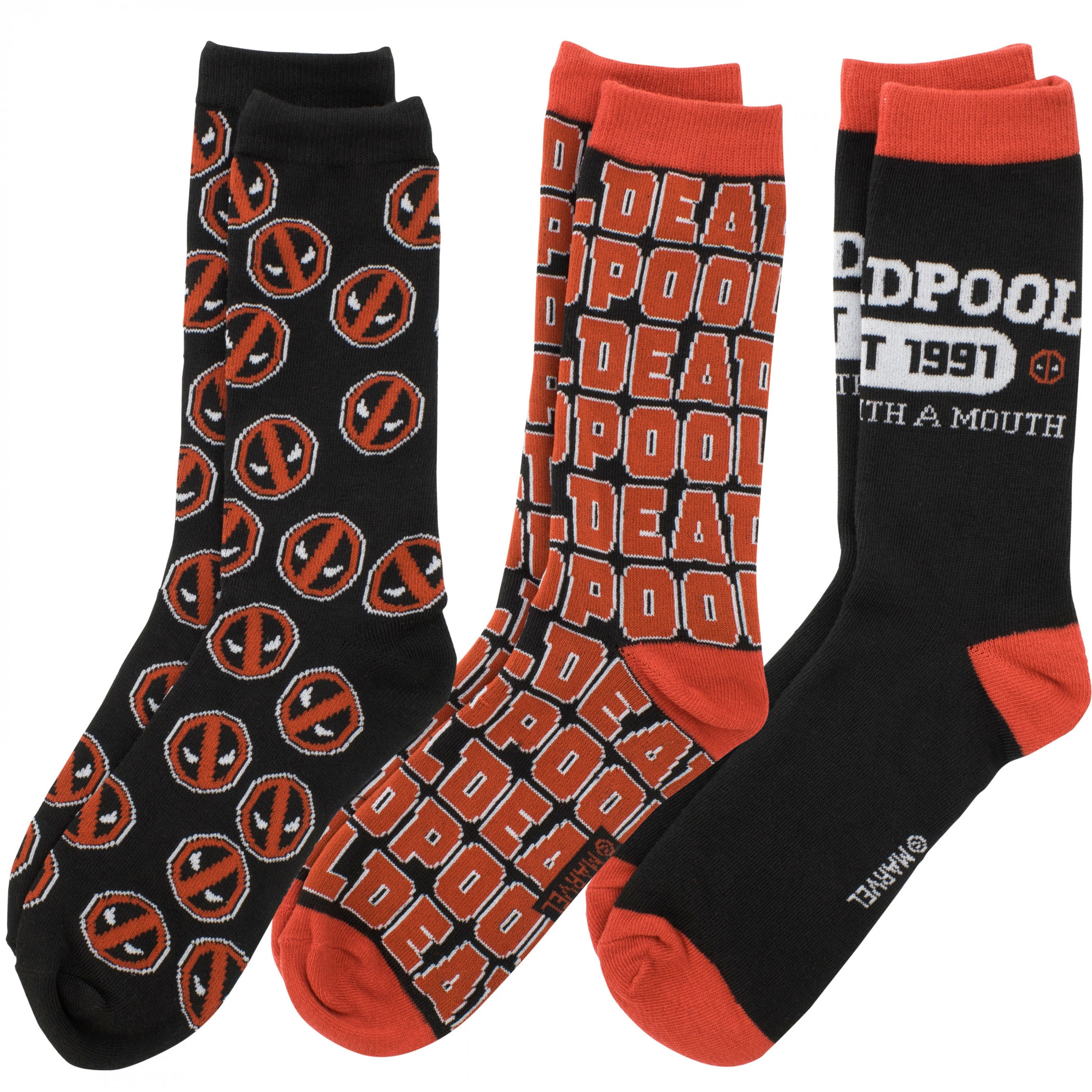 Deadpool Logo Collage Crew Socks 3-Pair Pack, Multi-Color