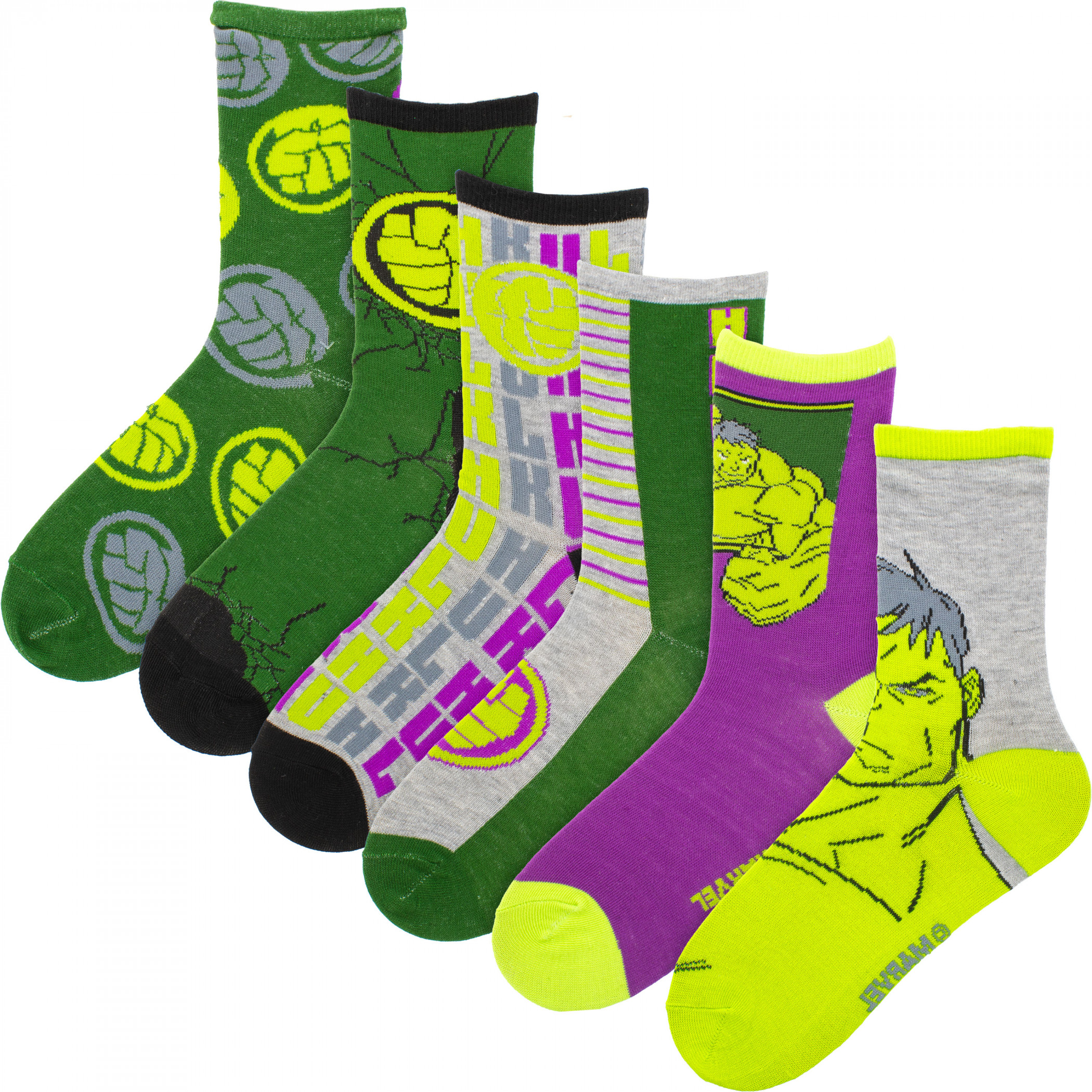 The Incredible Hulk Color Block Boy's Crew Socks 6-Pair Pack, Multi-Color