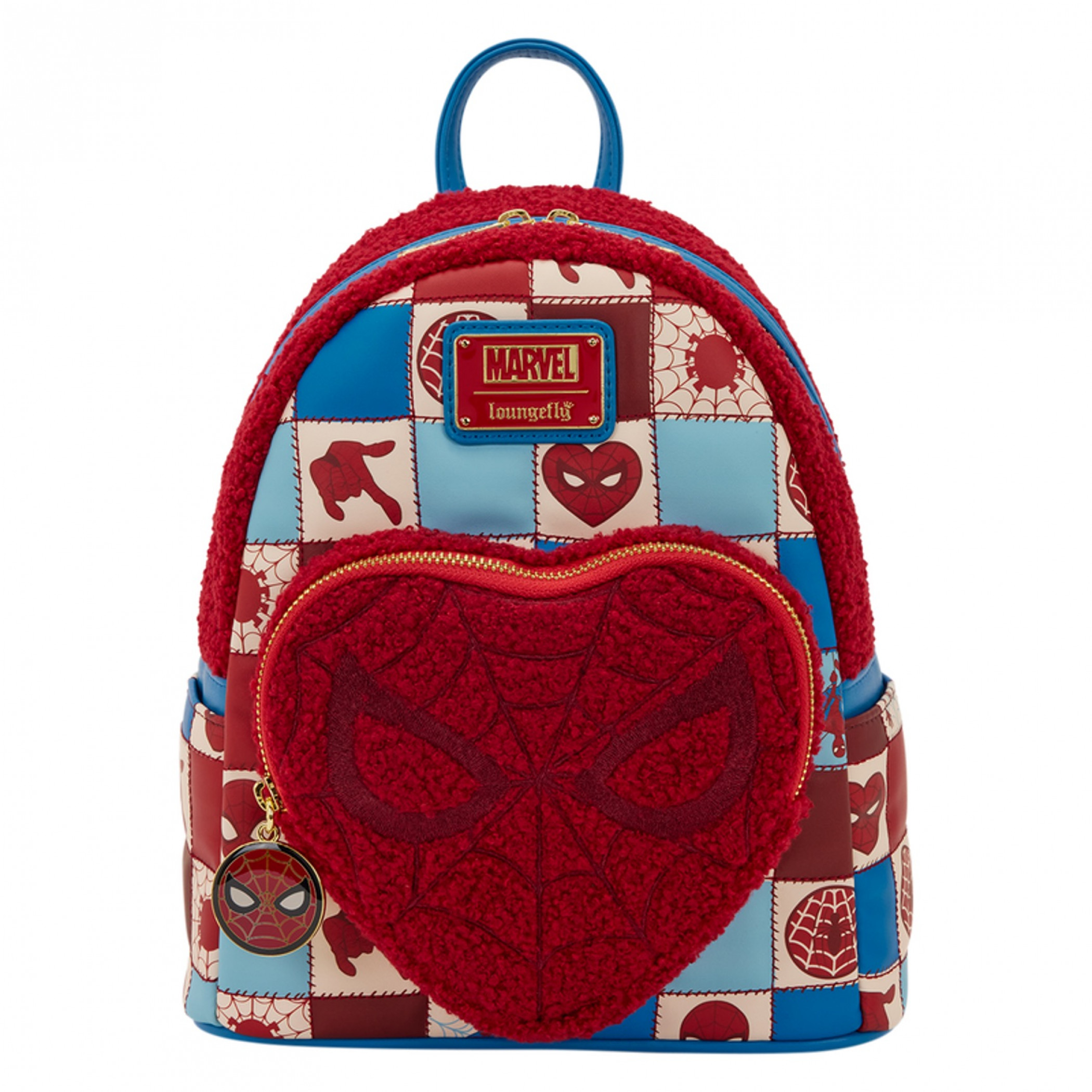 Spider-Man Sweater Pattern & Sherpa Heart Mini Backpack By Loungefly, Multi-Color