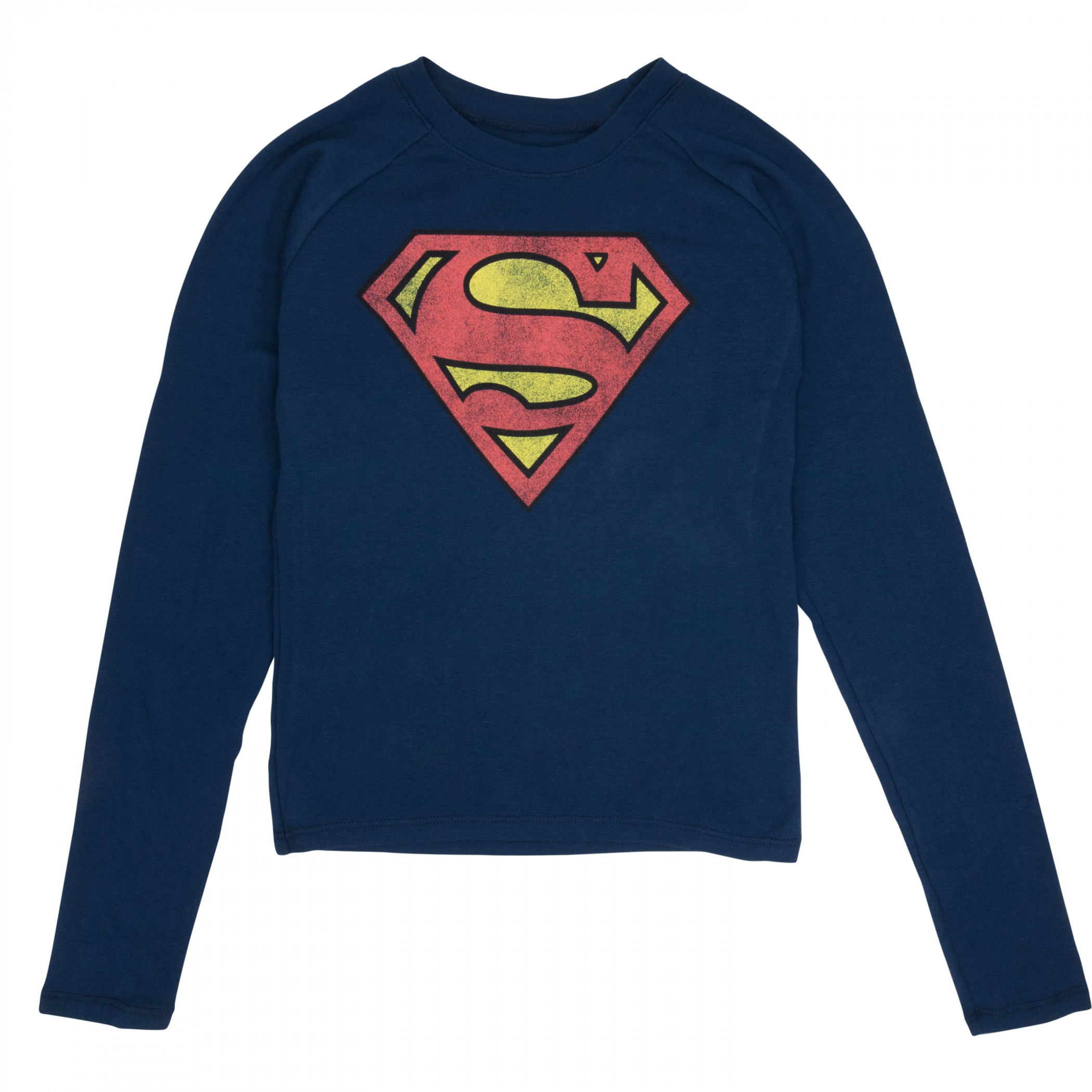 Superman Classic Logo Junior's Raglan Long Sleeve Shirt, Blue