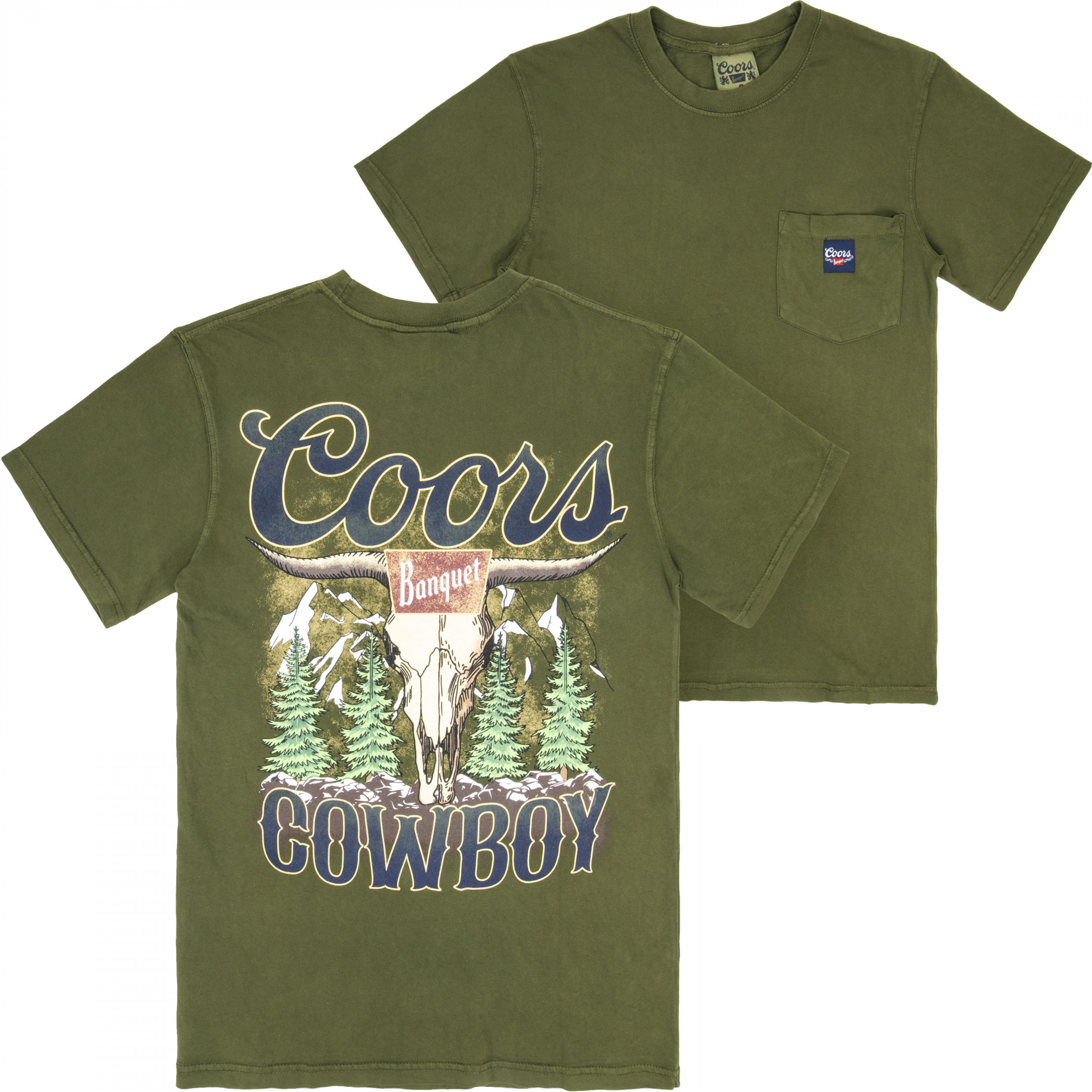 Coors Cowboy Skull Premium Super Soft Heavyweight Front Pocket Back-Print T-Shirt