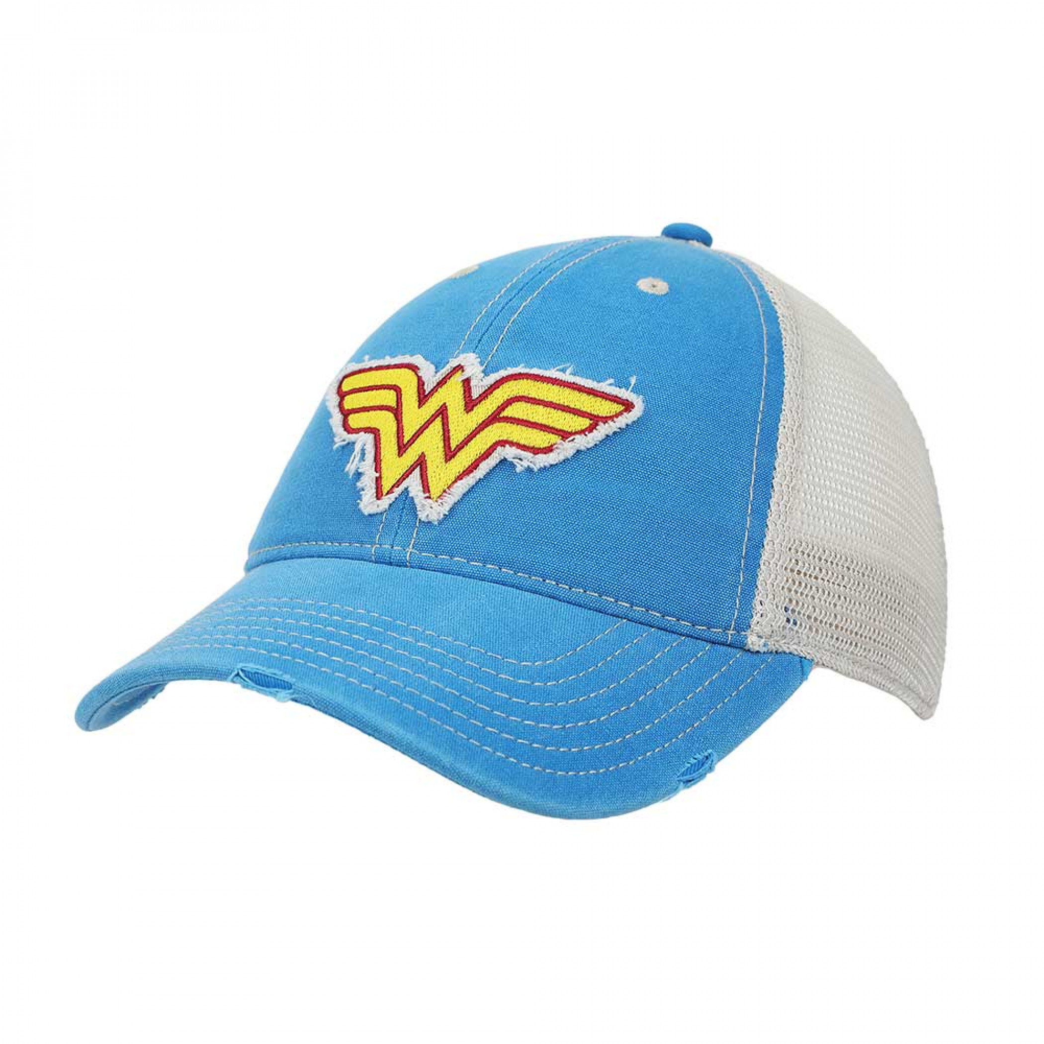 Wonder Woman Logo Patch Distressed Mesh Back Hat, Blue