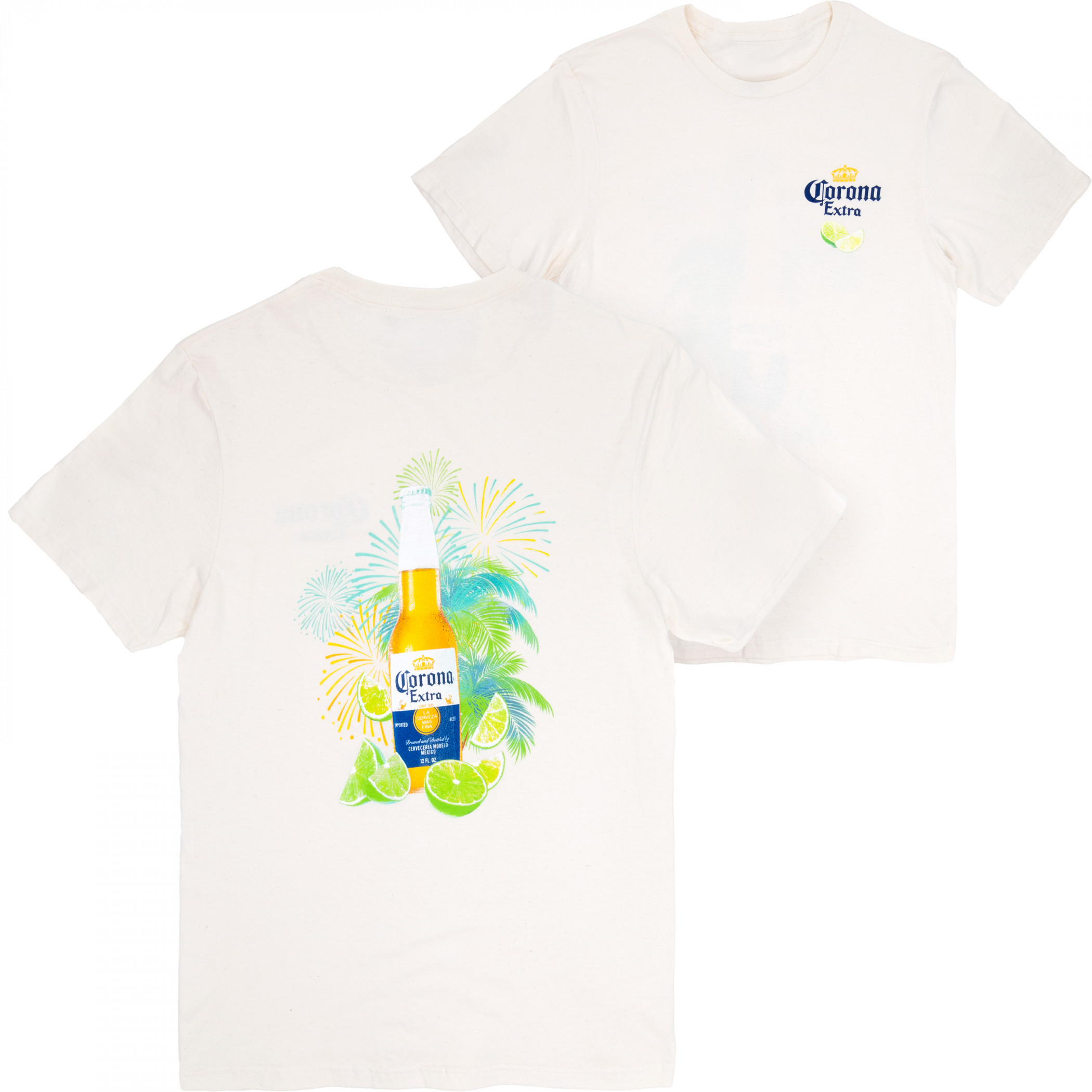 Corona Extra Tropical Fireworks Front and Back Print T-Shirt