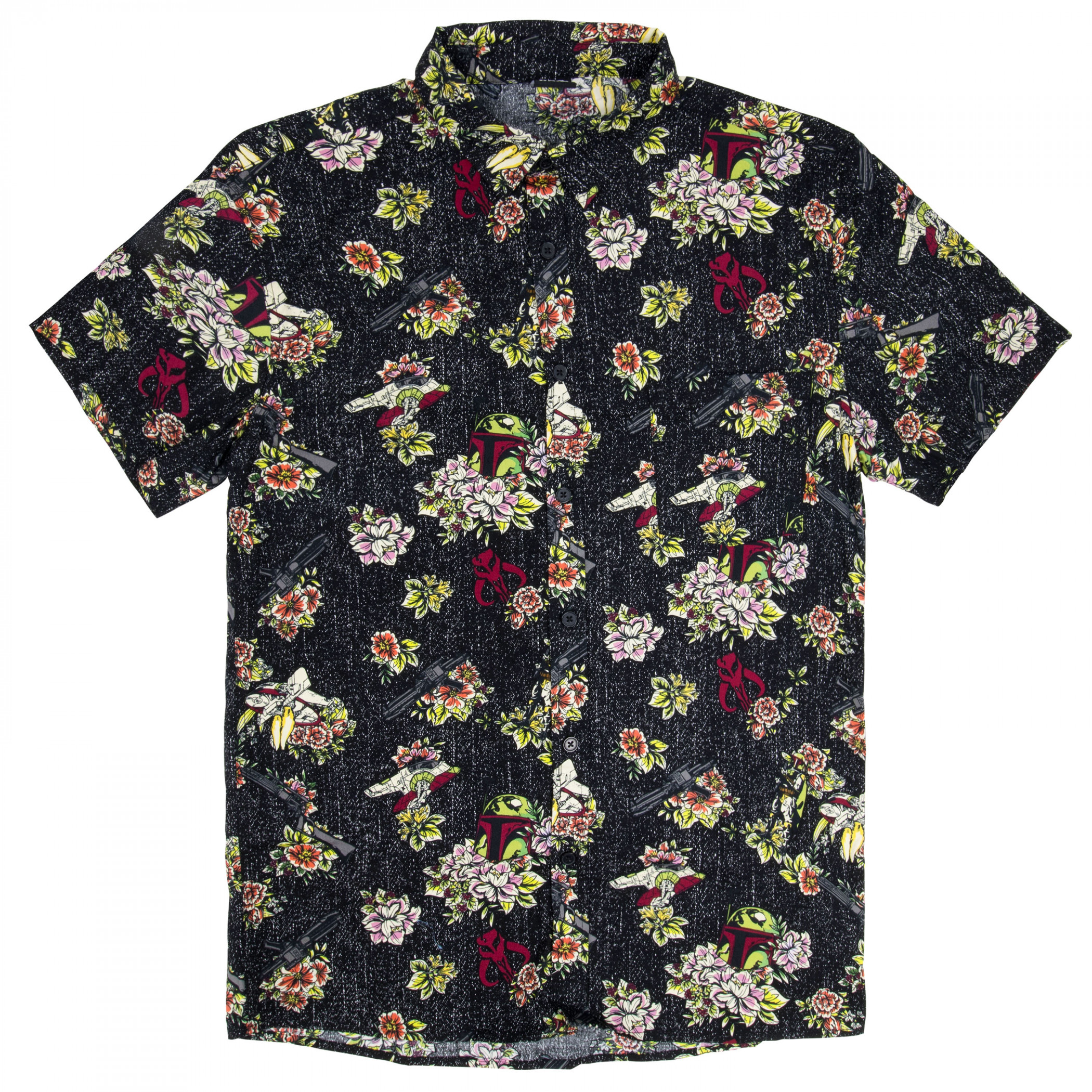 Star Wars Boba Fett Hawaiian Print Button Down Shirt, Black