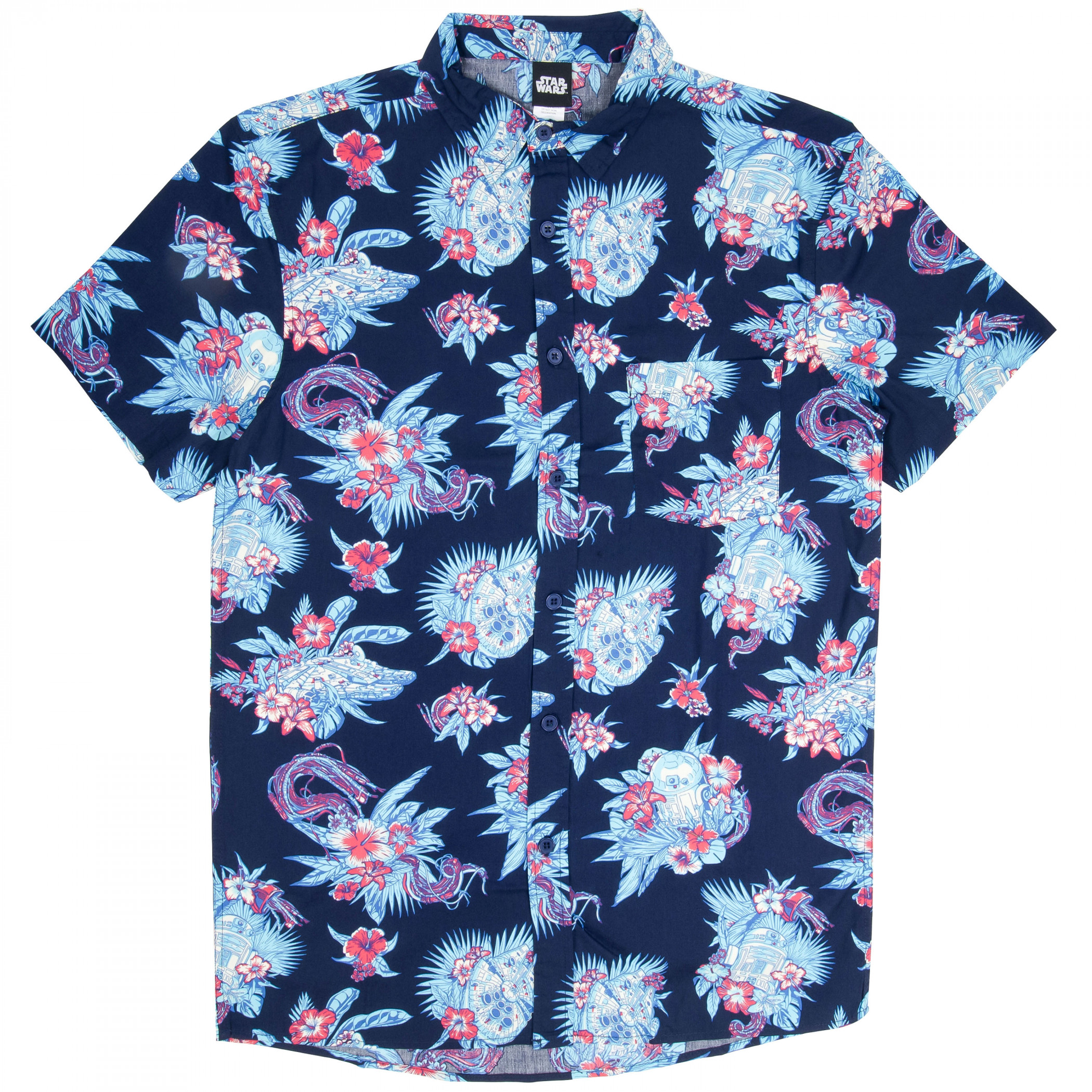 Star Wars R2-D2 and Millennium Falcon Hawaiian Print Button Down Shirt, Blue