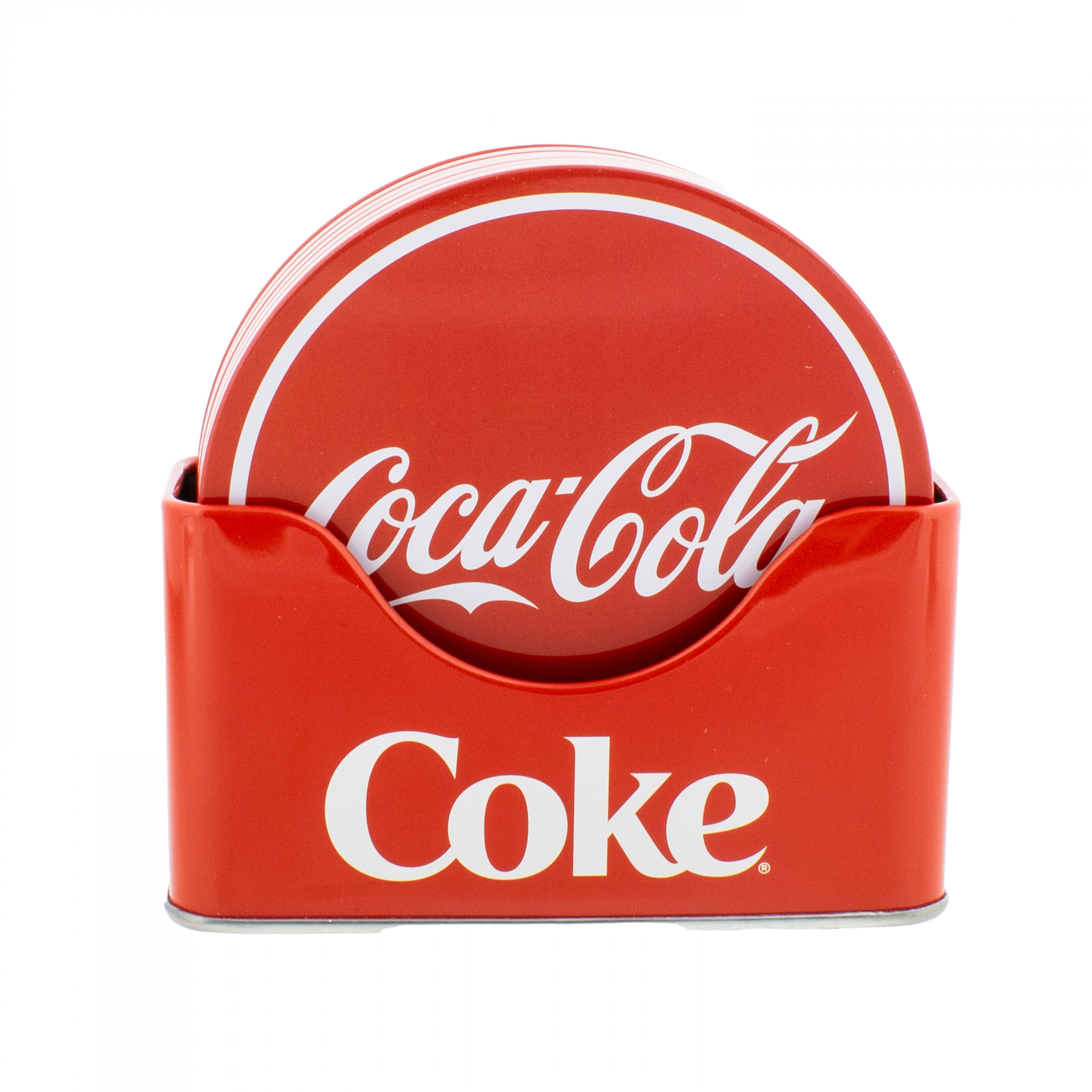 Coca-Cola Classic Logo 7-Piece Tin Coaster Set with Holder