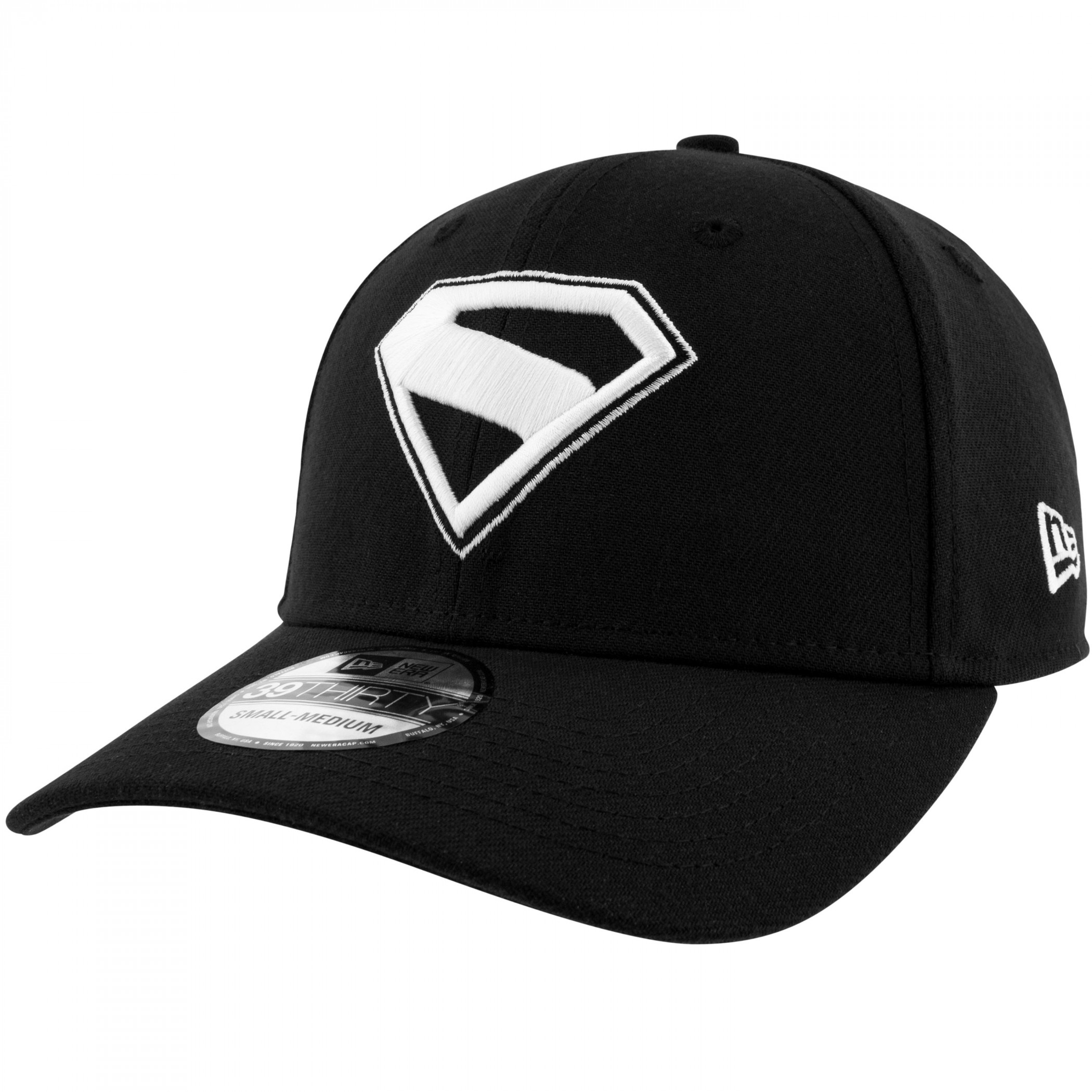 Superman James Gunn Logo Black and White Colorway New Era 39Thirty Fitted Hat, Black