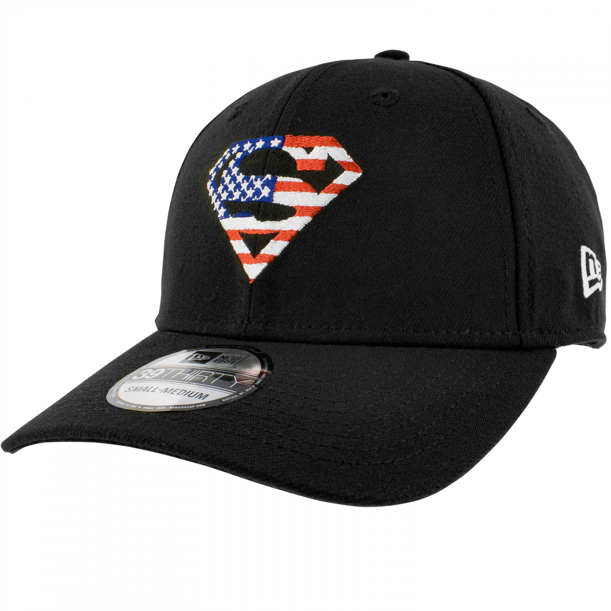 Superman American Flag Logo Black Colorway New Era 39Thirty Fitted Hat, Black