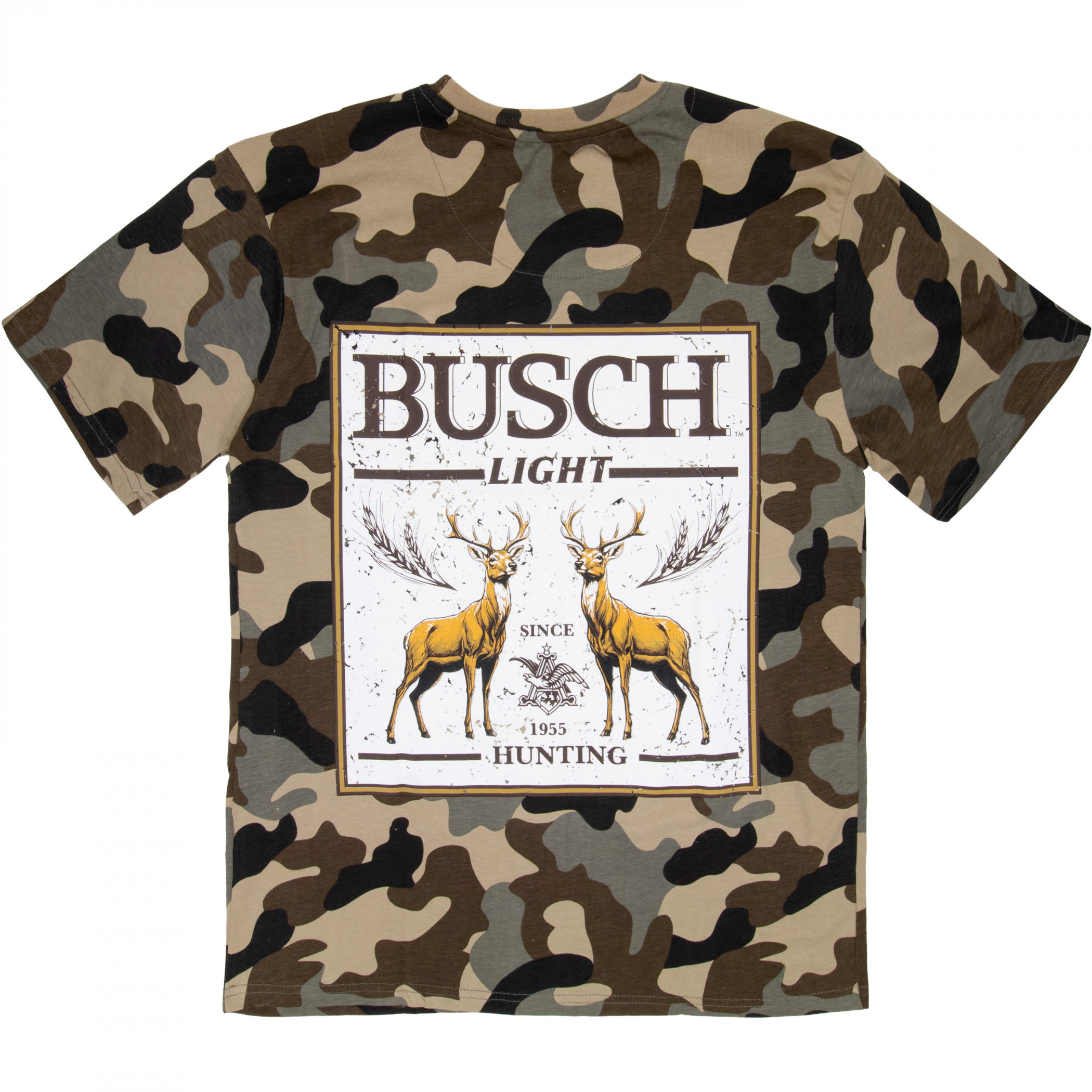 Busch Beer Hunting Since 1955 Front and Back Woodland Camo T-Shirt