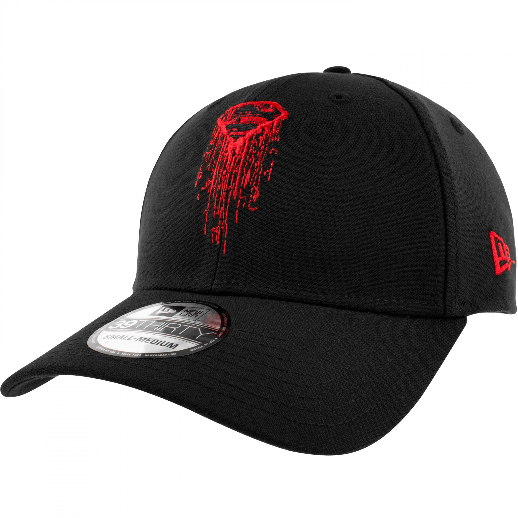 Superman Spray Paint Drip Logo New Era 39Thirty Fitted Hat, Black