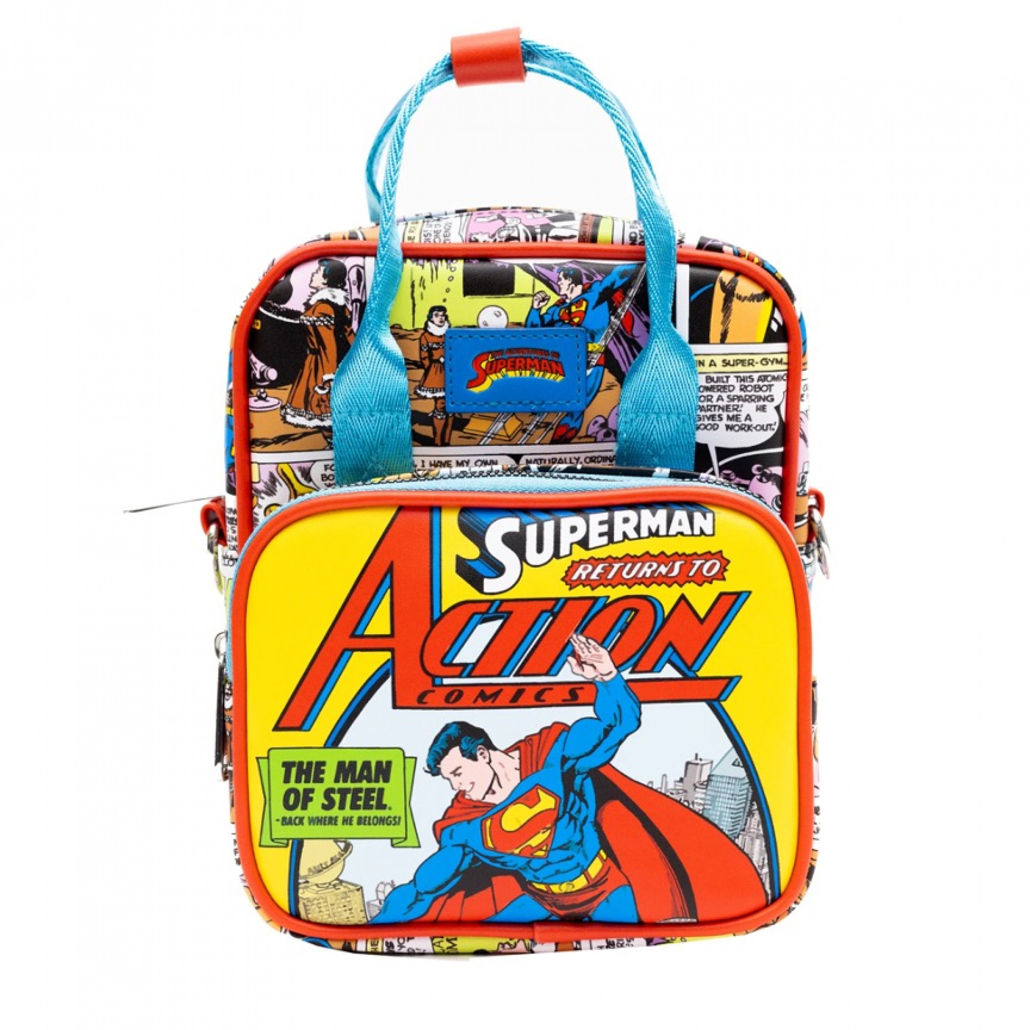 Superman Return to Action Comic Book Art Crossbody Bag with Handles, Multi-Color