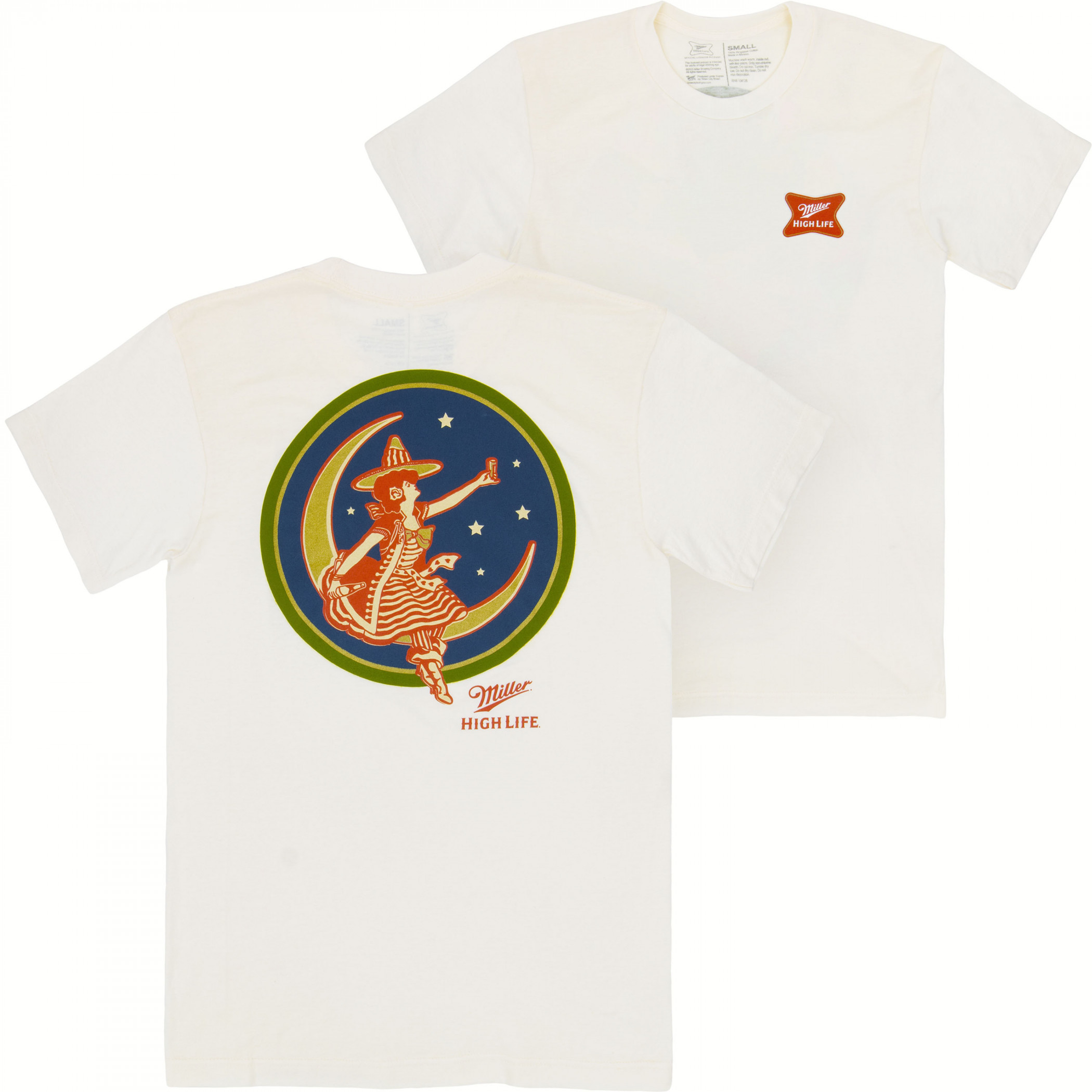 Miller High Life Girl in The Moon Front and Back Print Cream T-Shirt