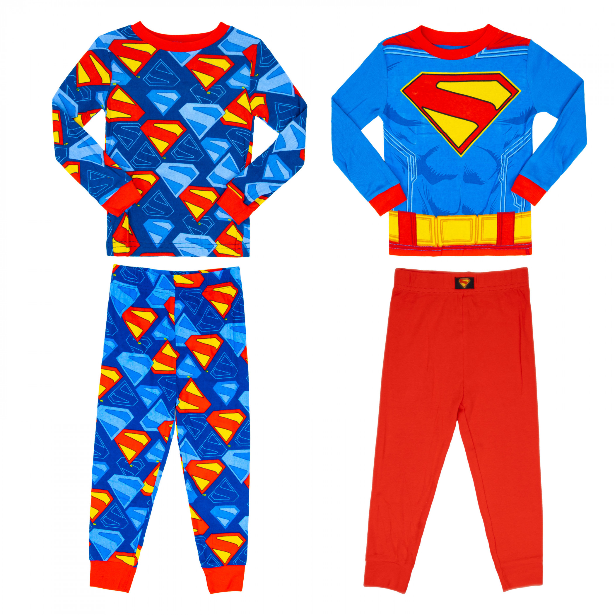 Superman Suit and Logos Boy's 4-Piece Pajama Set, Multi-Color