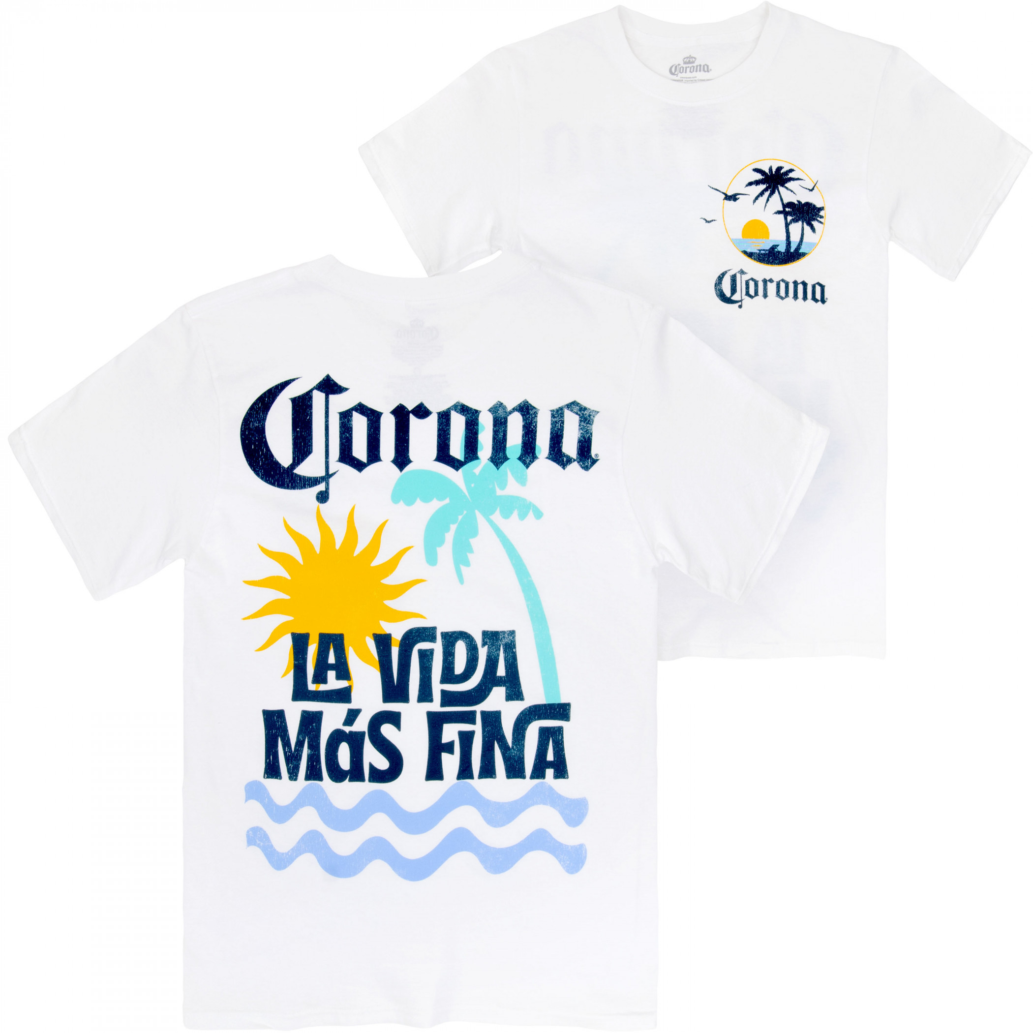 Corona Extra La Vida Mas Fina Beach Front and Back Print T-Shirt