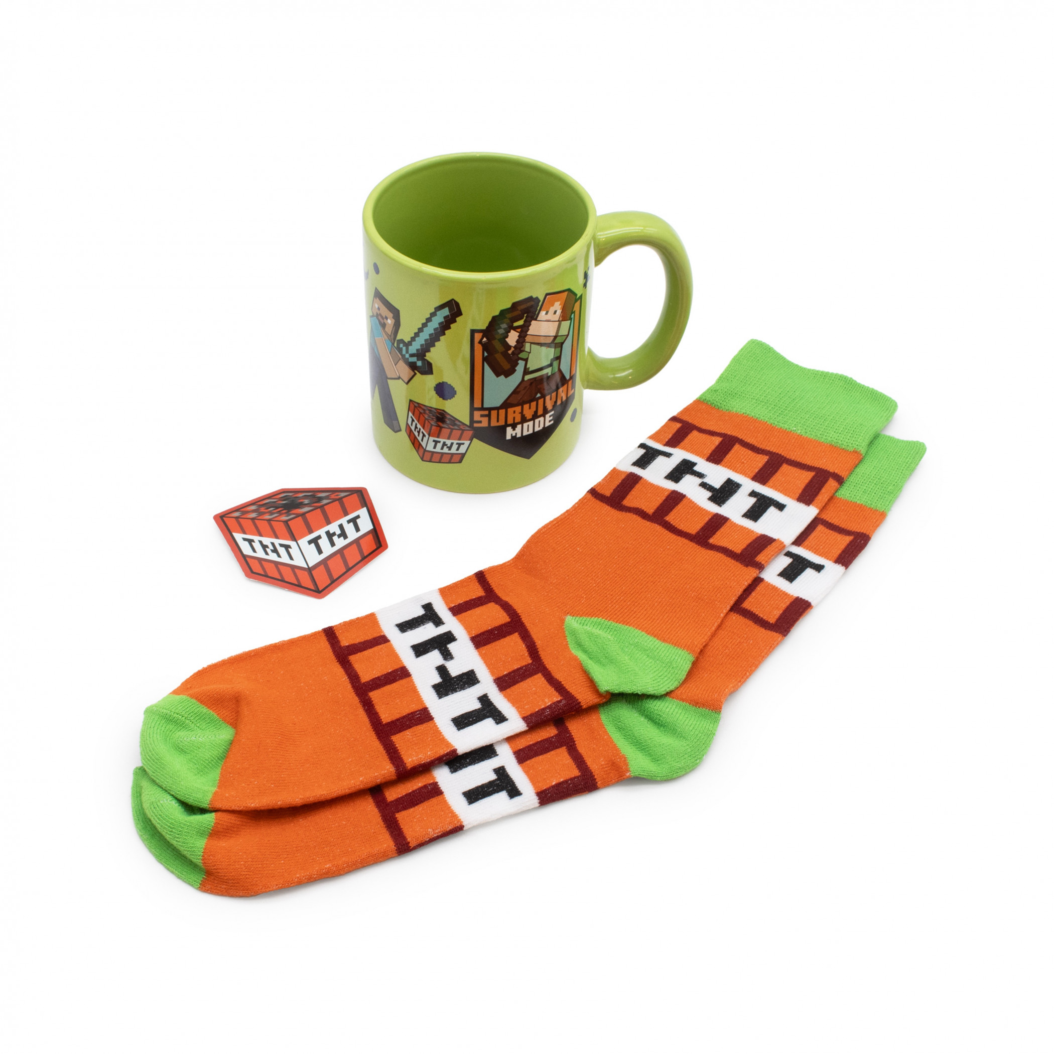 Minecraft Creepers and TNT Mug Sock and Sticker Gift Set, Multi-Color