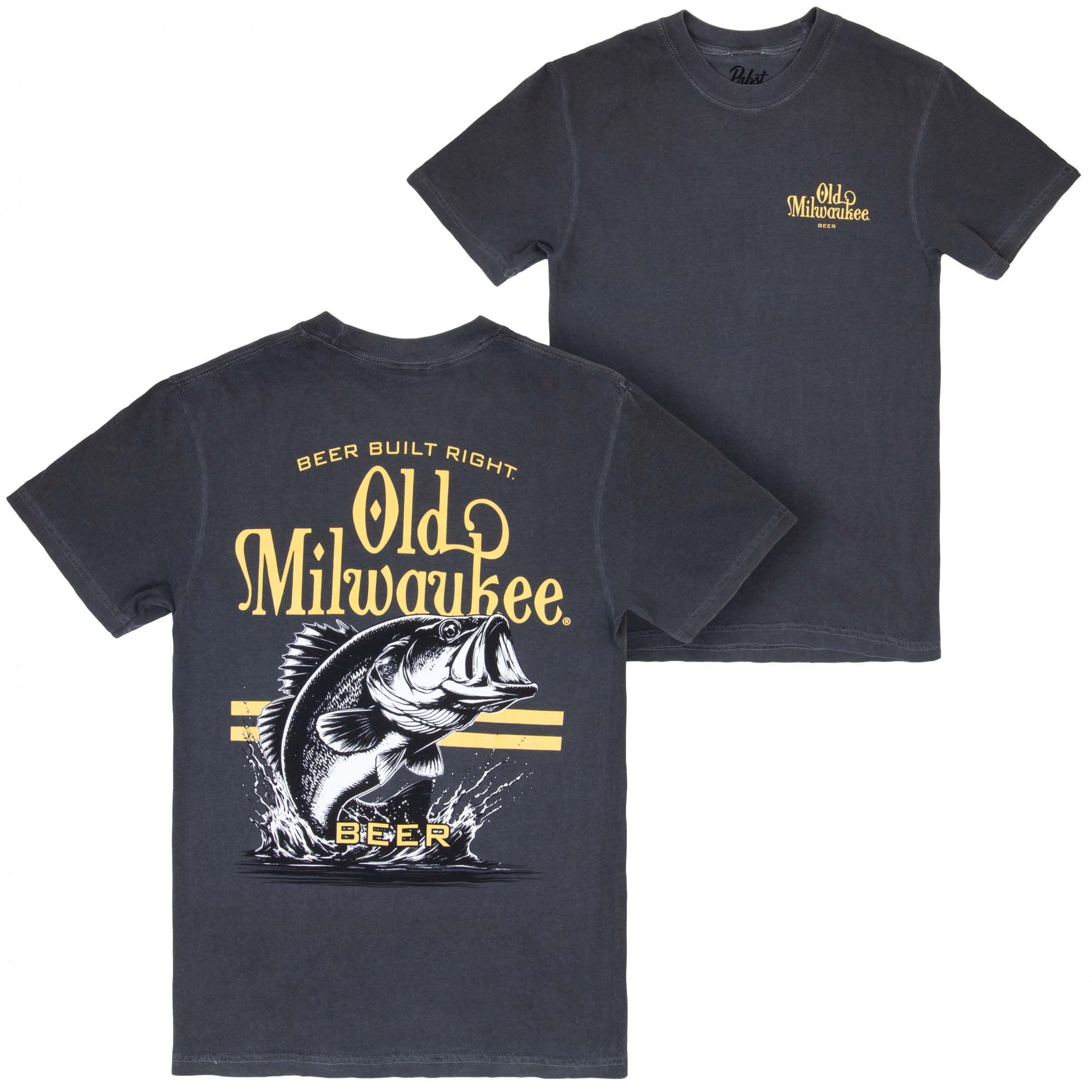 Old Milwaukee Bass Fishing Black Front and Back Print T-Shirt