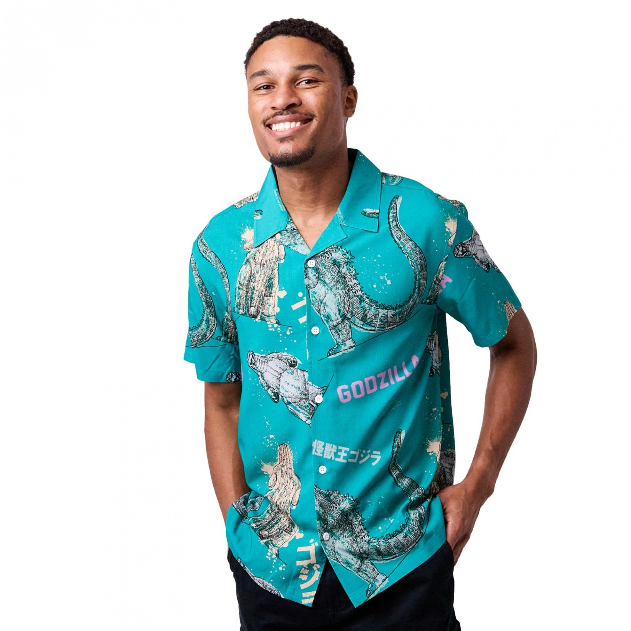 Godzilla Illustrated Print Woven Button Up, Blue