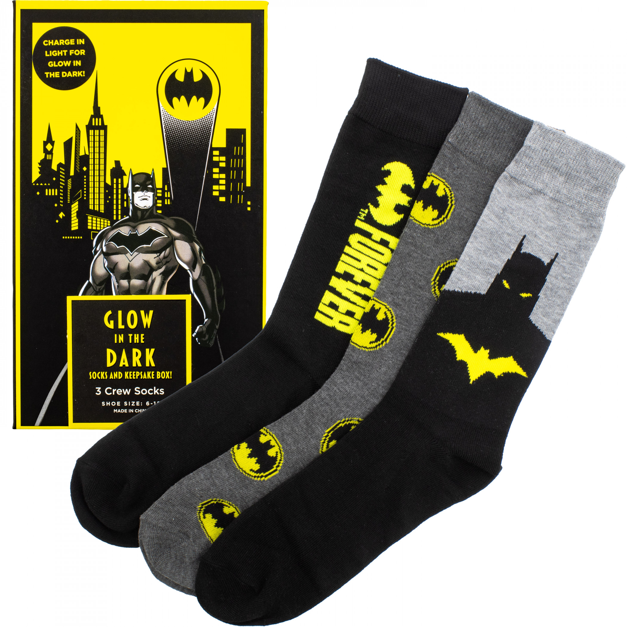 Batman 85 Years 3-Pair Crew Socks in Glow in The Dark Box, Multi-Color