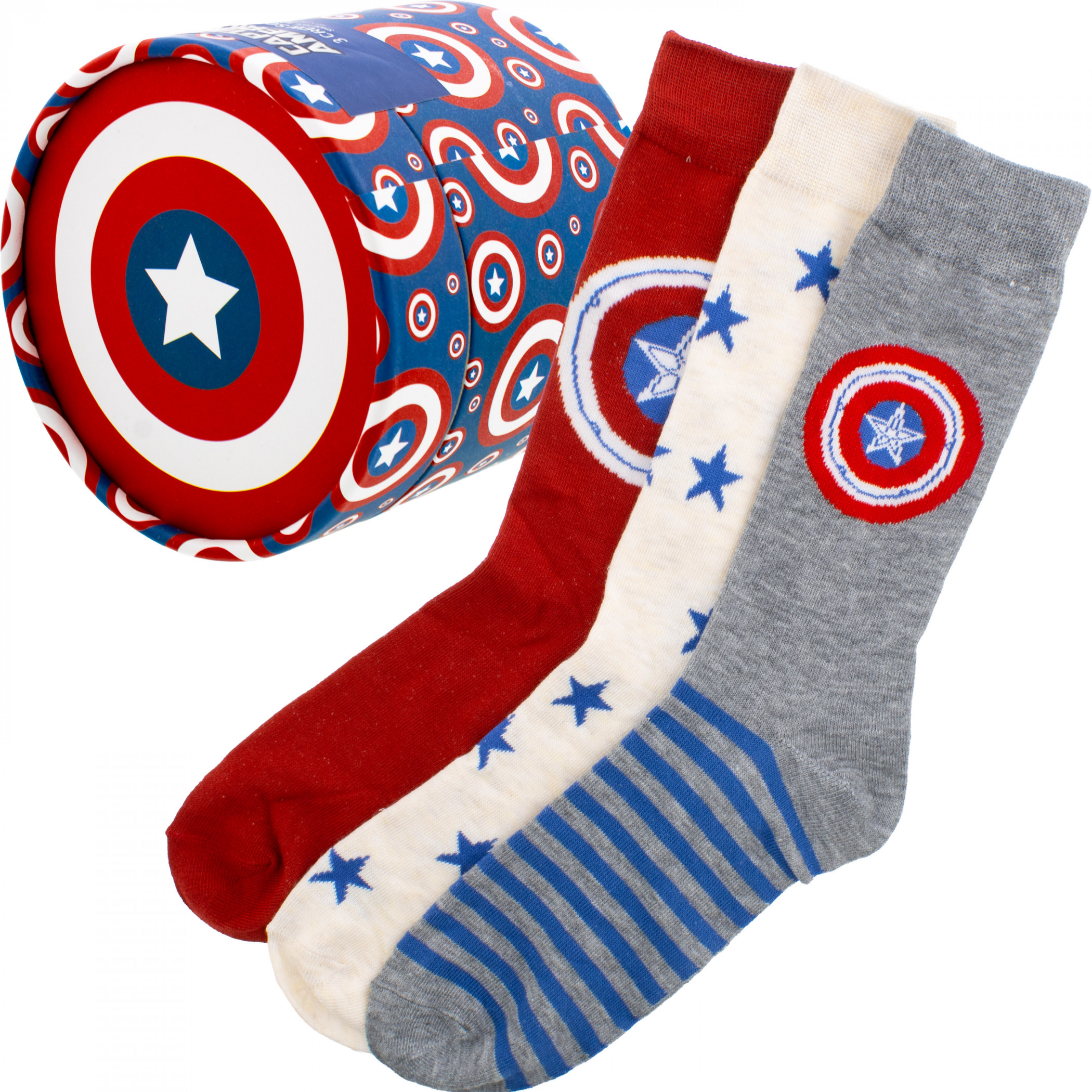 Captain America 3-Pair Crew Socks in Shield Tin, Multi-Color