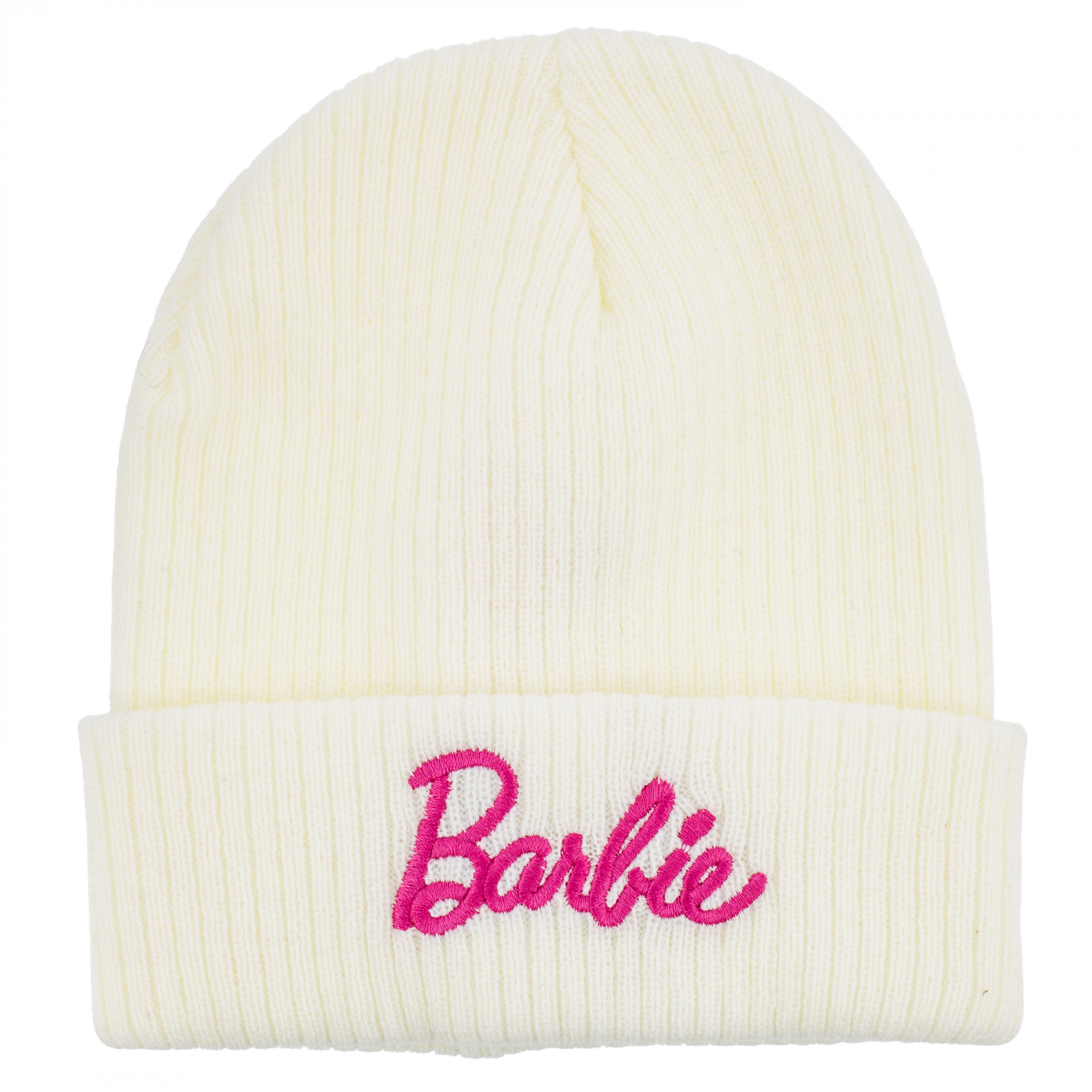 Barbie Pink Logo on White Cuffed Beanie, White