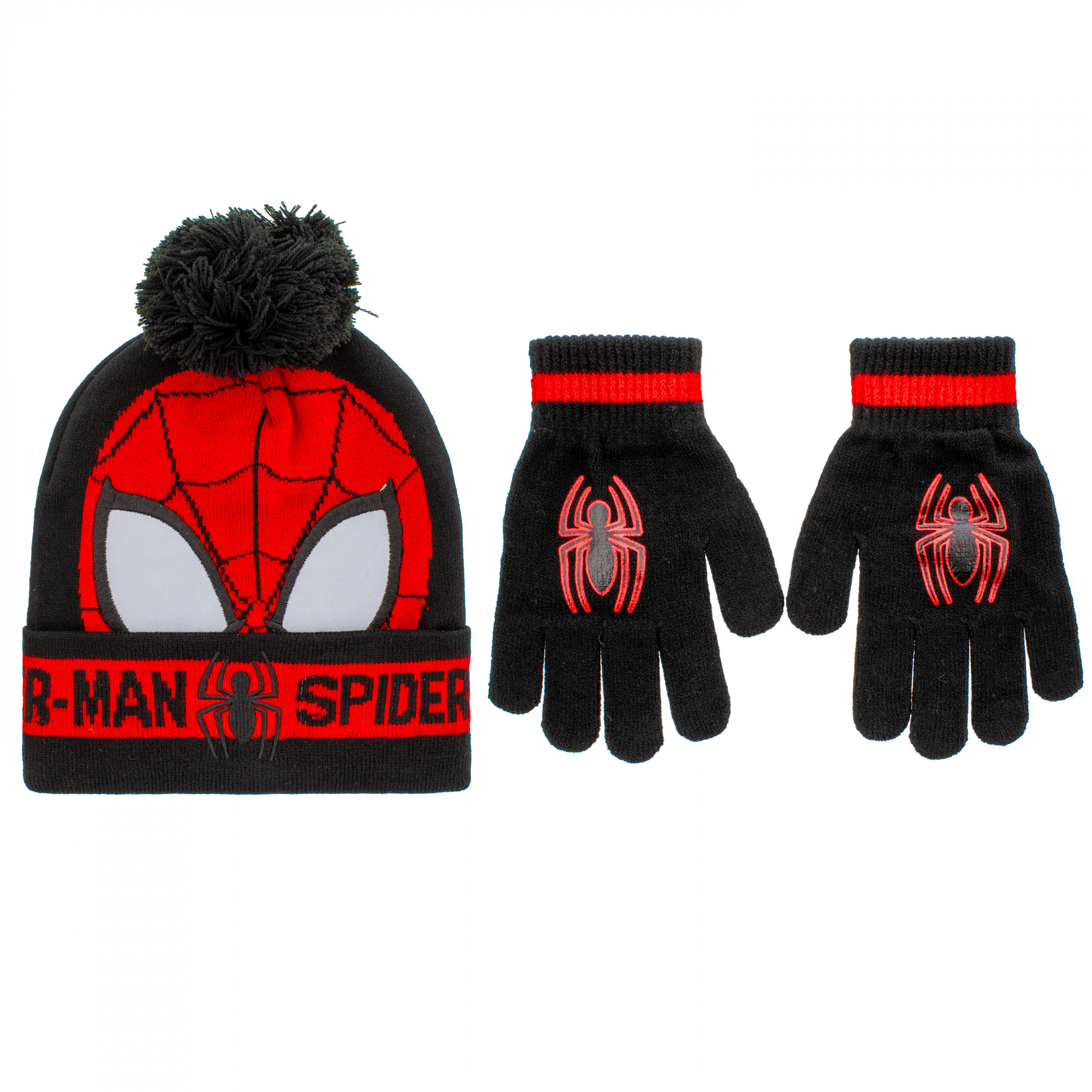Spider-man Youth Cold Weather Set Gloves and Pom Cuffed Beanie, Multi-Color