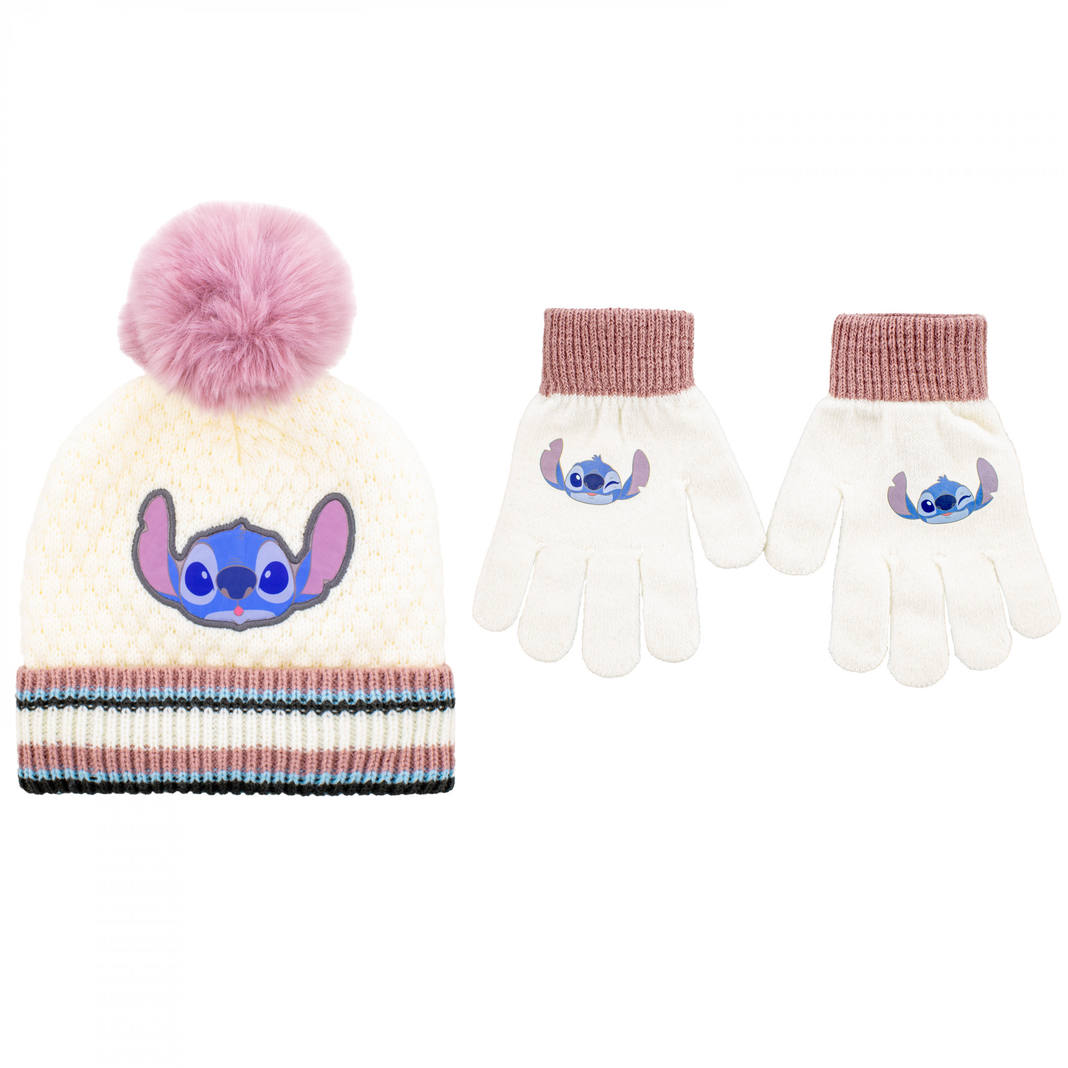 Lilo and Stitch Youth Cold Weather Set Gloves and Pom Cuffed Beanie, Multi-Color