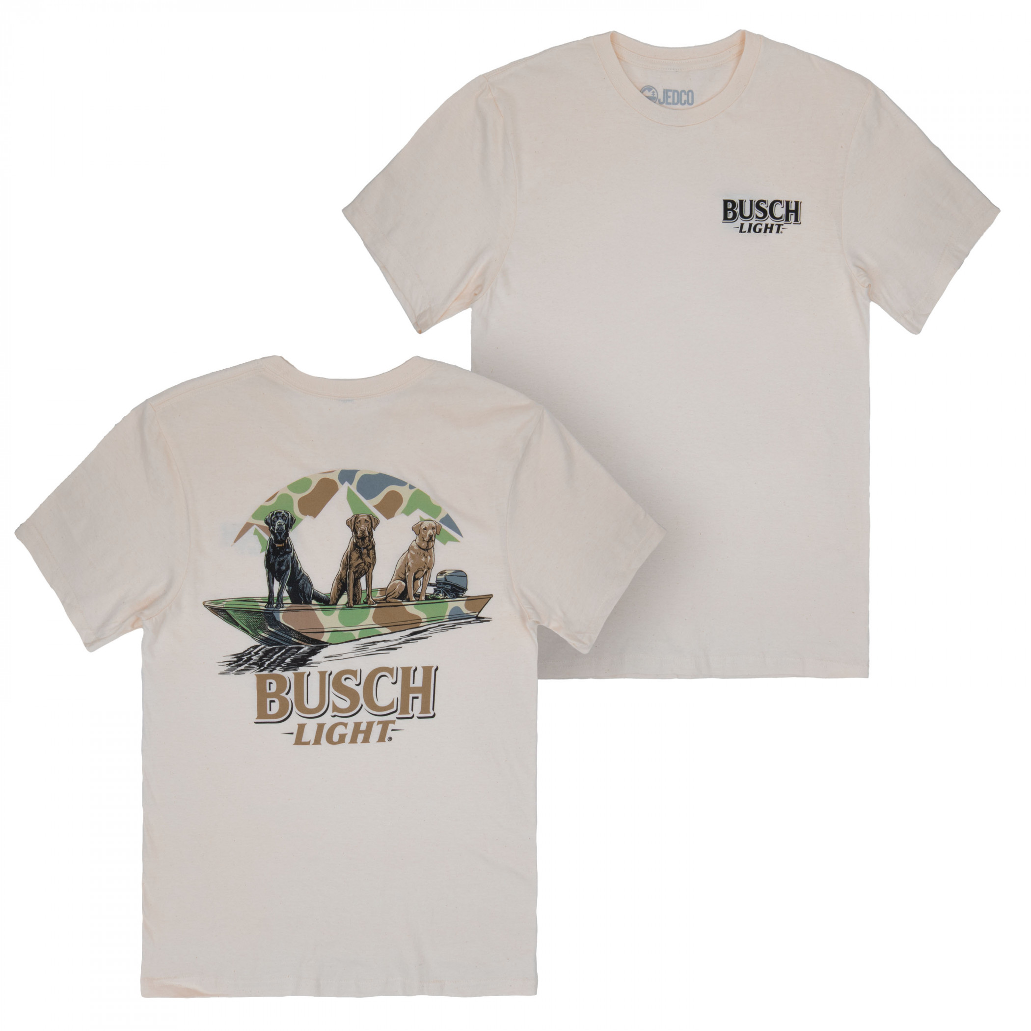 Busch Light Camo Boat Dogs Front and Back Print T-Shirt