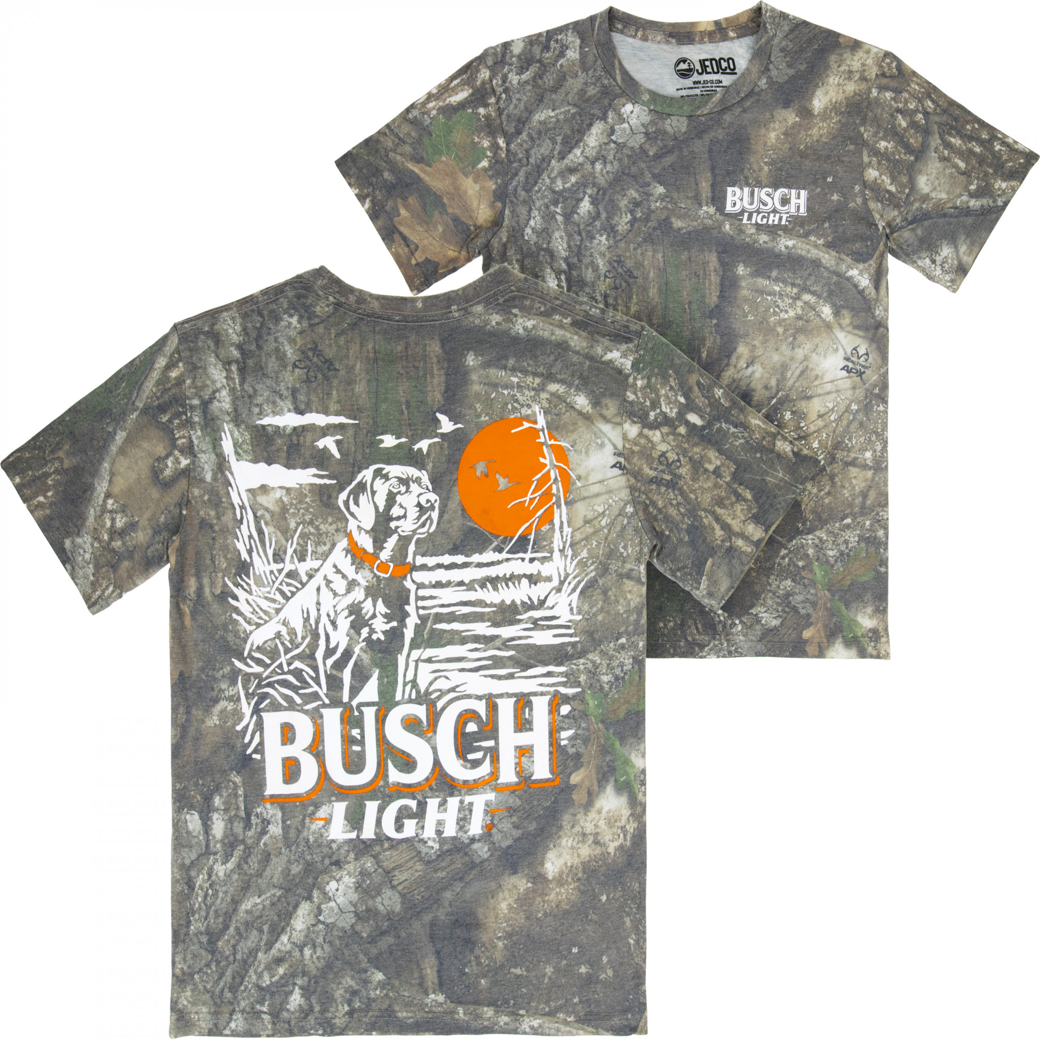 Busch Light Lab Duck Scene Washed Camo Front and Back Print T-Shirt