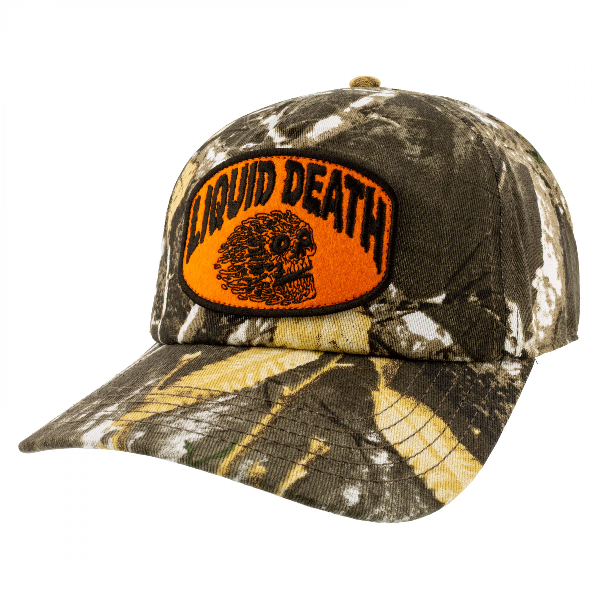Liquid Death Logo on Camo Roscoe Hat