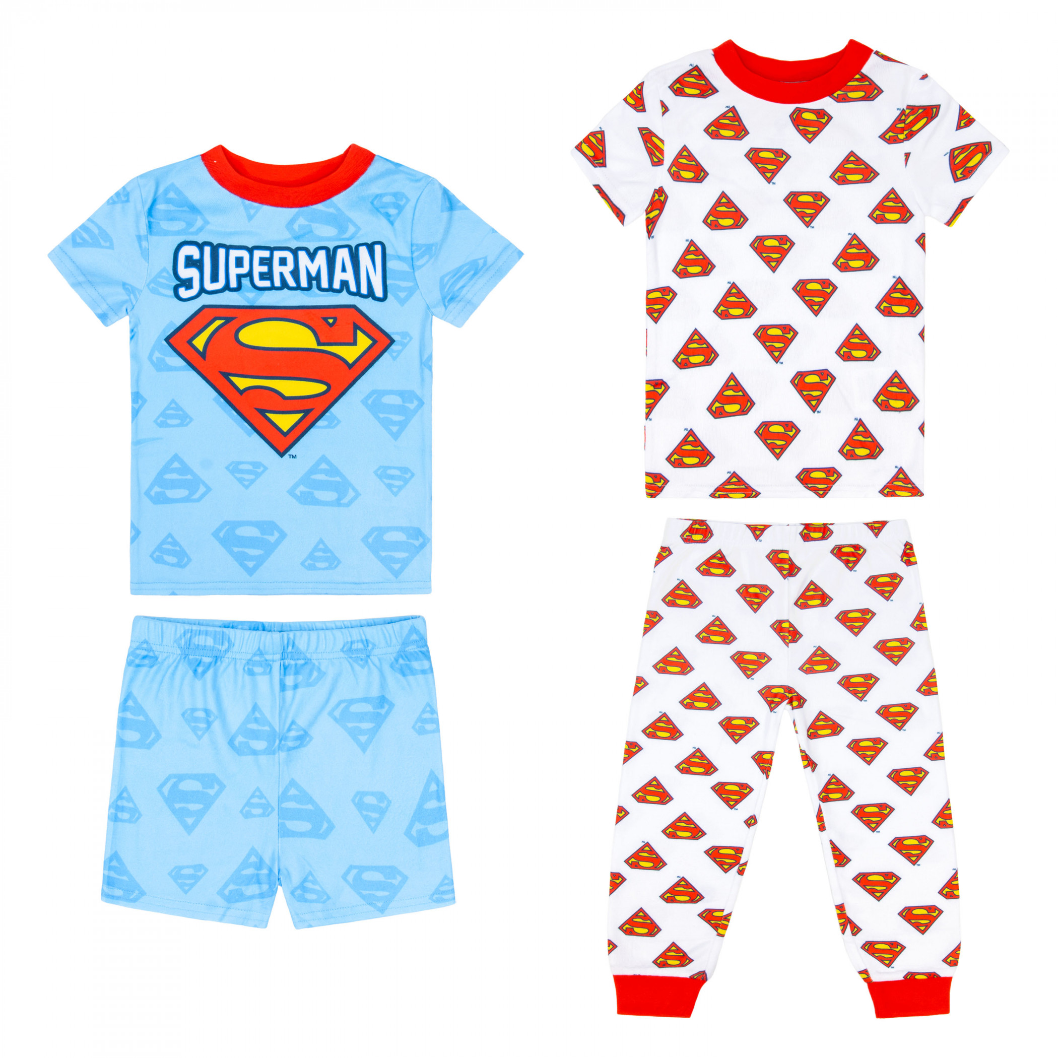 Superman Boy's Short and Long Sleeve 4-Piece Pajama Set, Multi-Color