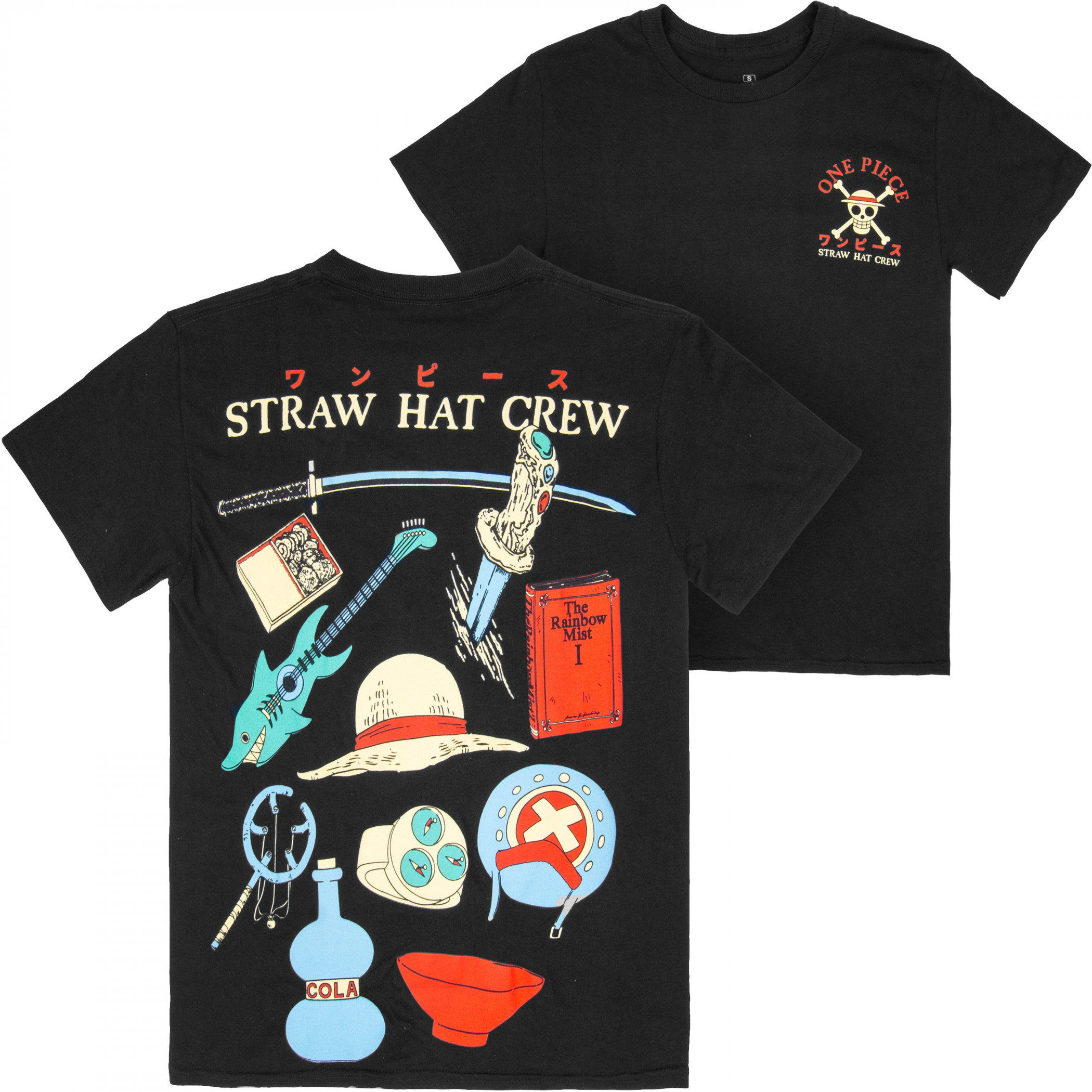 One Piece Straw Hat Crew Icons Front Back Print T-Shirt, Black