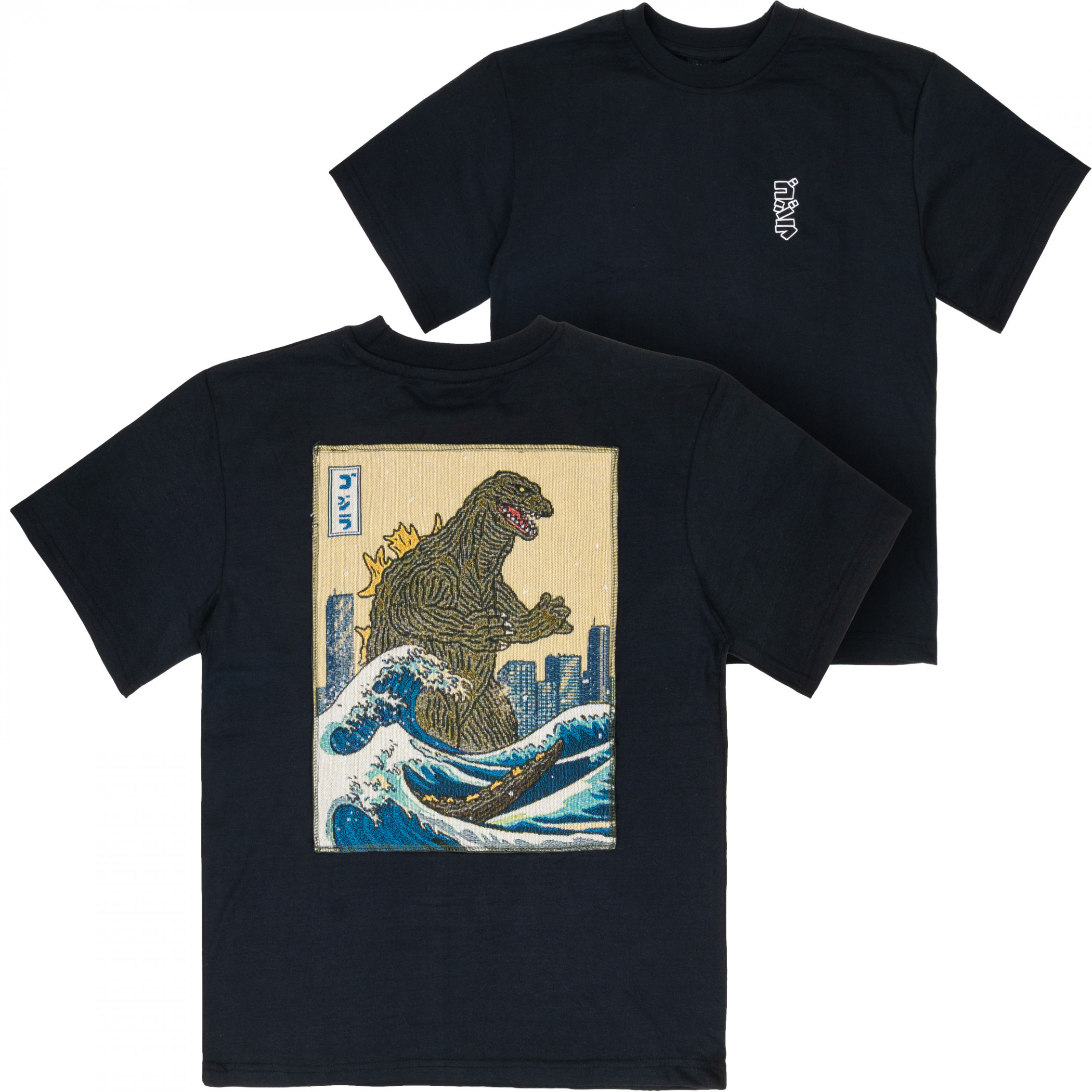 Godzilla Waves Embroidered Tapestry Front and Back T-Shirt, Black