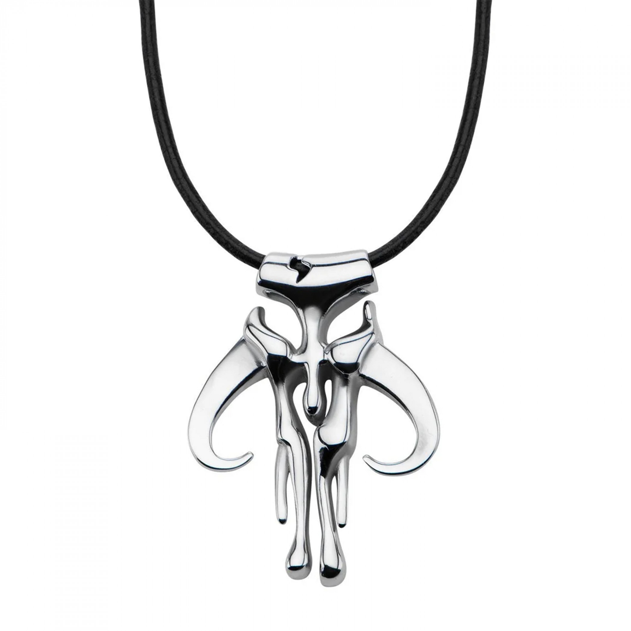 Star Wars Mandalorian Symbol Pendant with Leather Cord Necklace, Silver