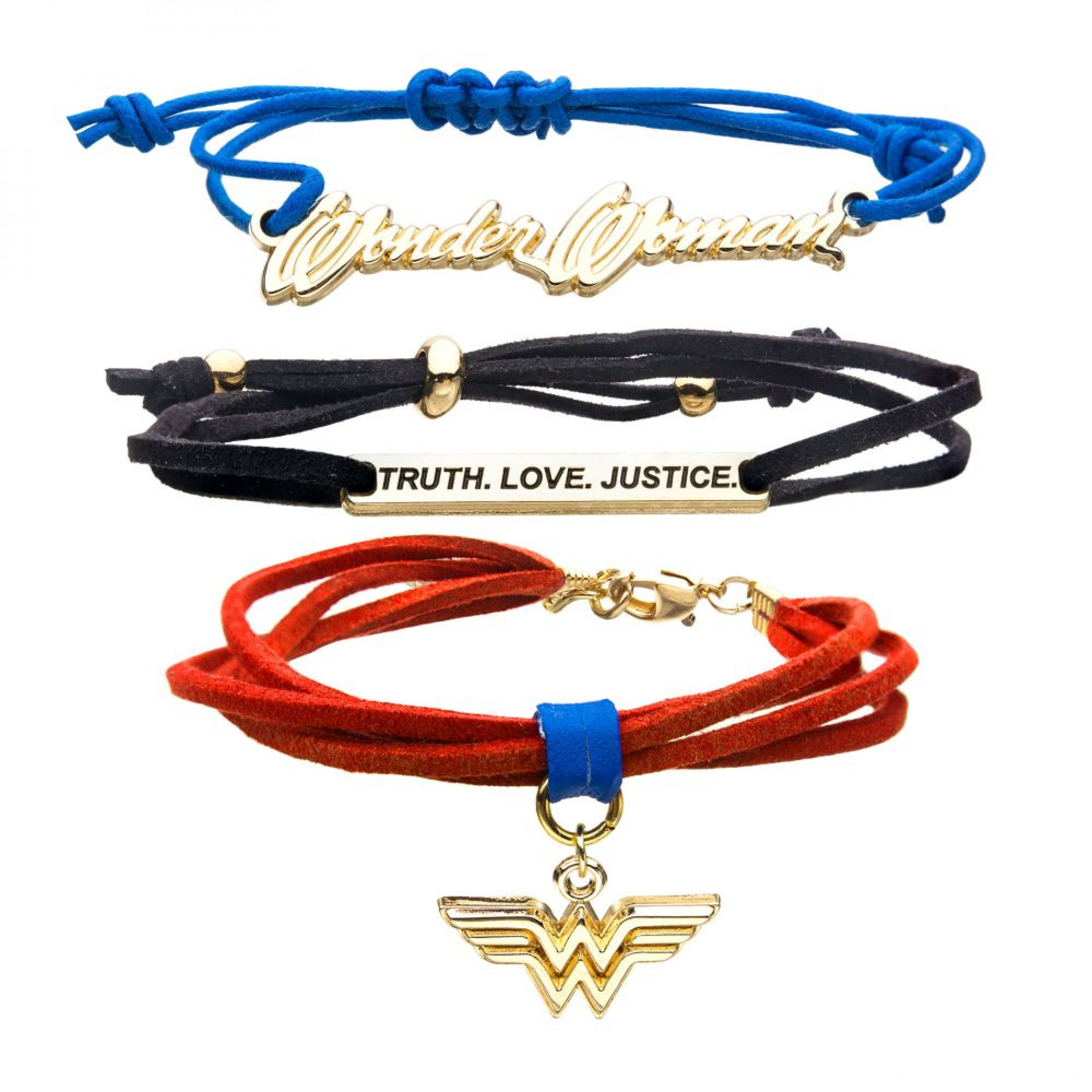 Wonder Woman Blue Black and Red Cord Bracelet Set (3 pack), Multi-Color