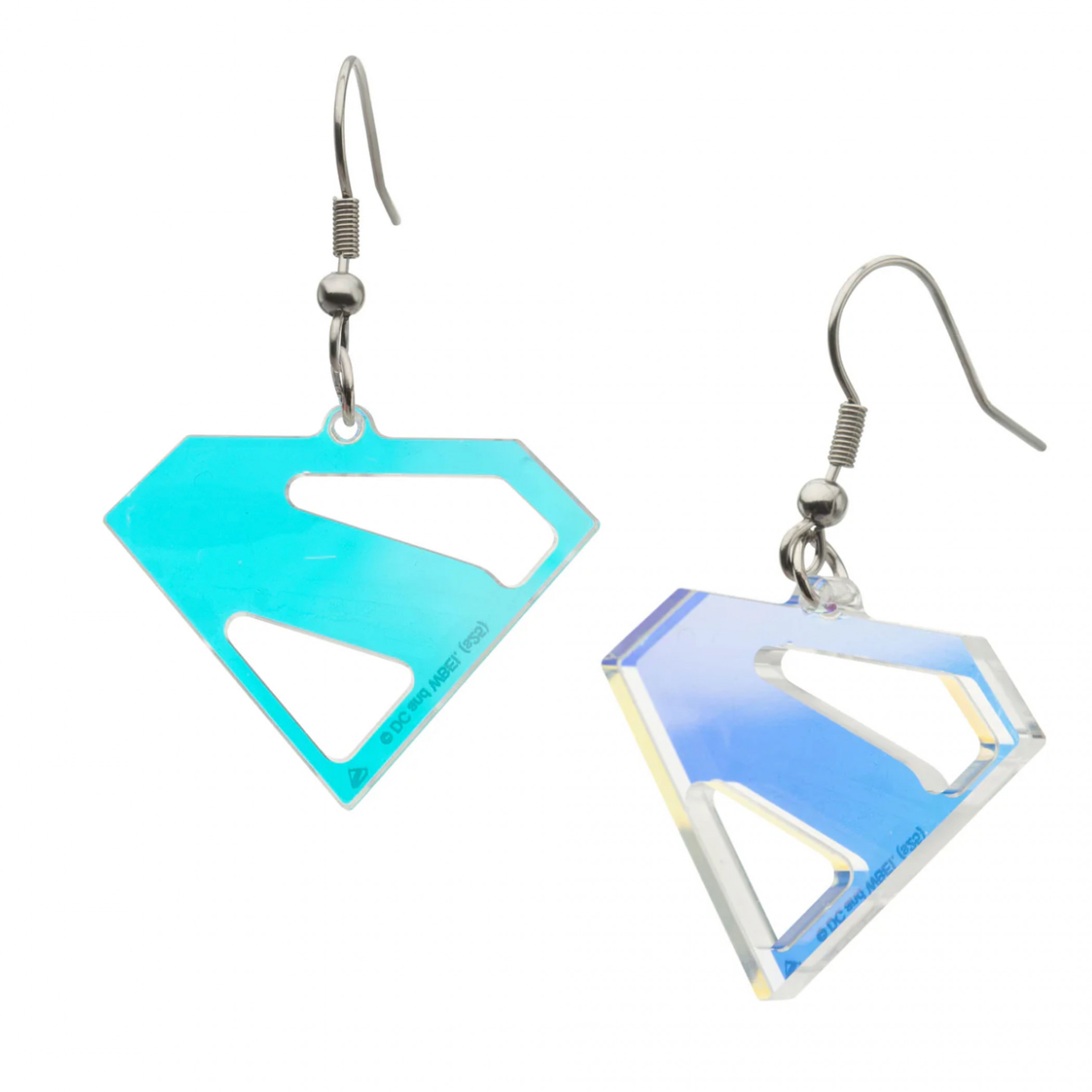 Superman Iridescent Transparent Shield Dangle Earrings, Blue