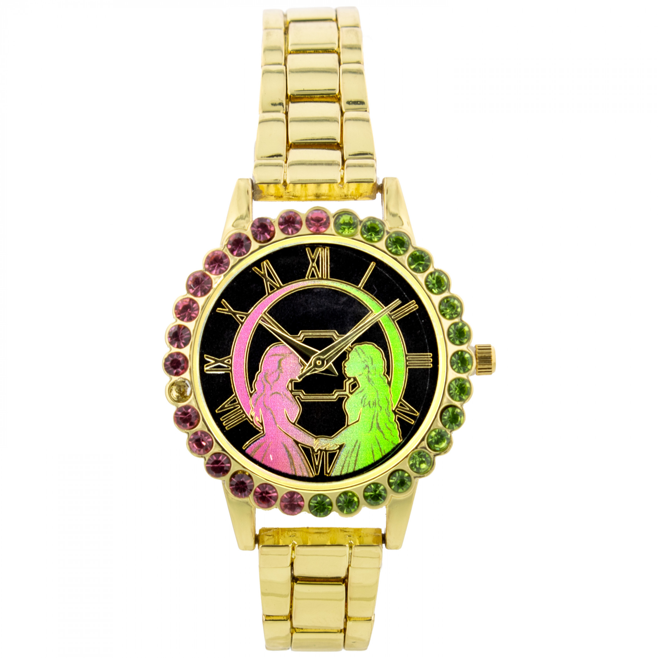 Wicked Analog Rhinestone-Rimmed Watch with Gold Band, Multi-Color