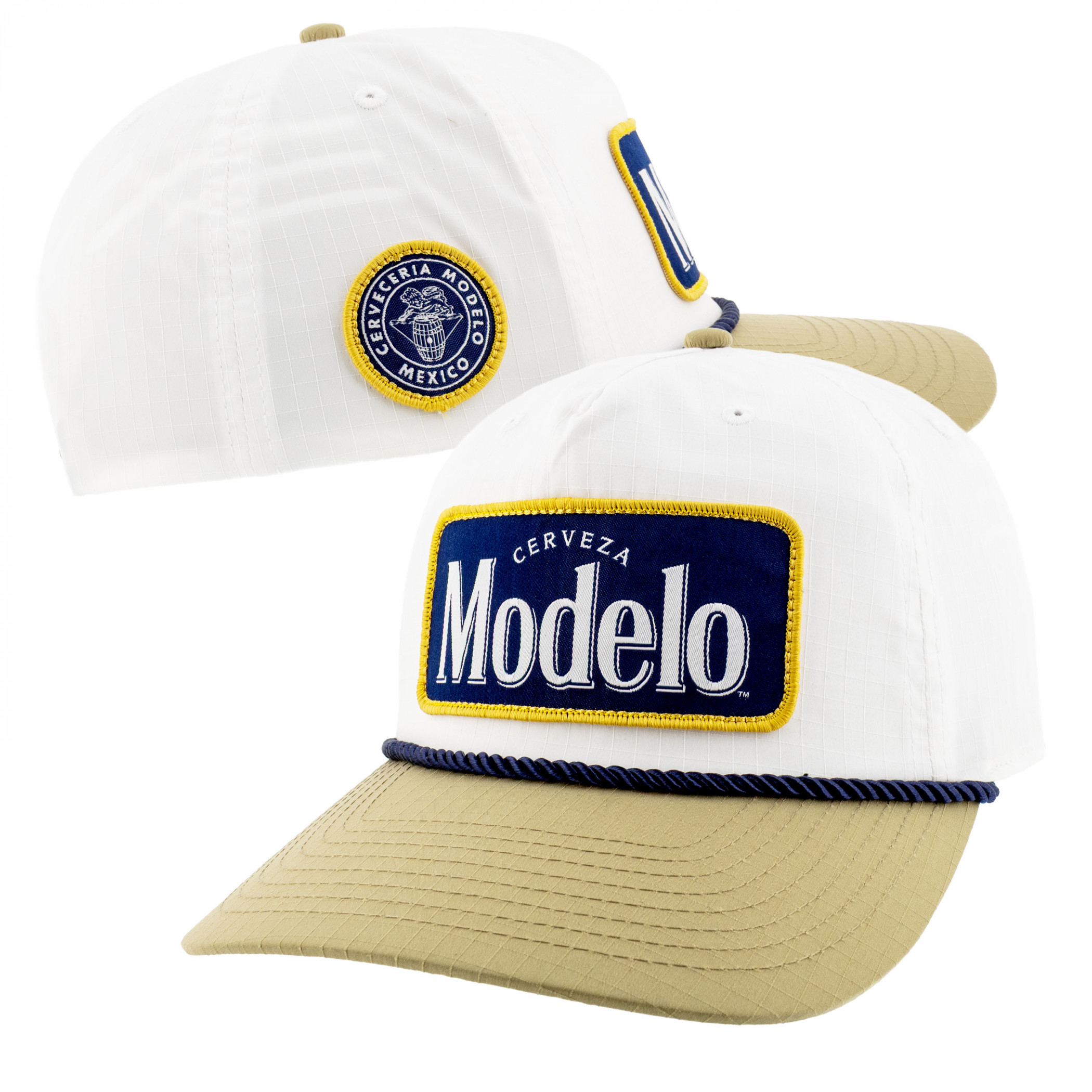 Modelo White Woven Label Snapback Hat with Rope