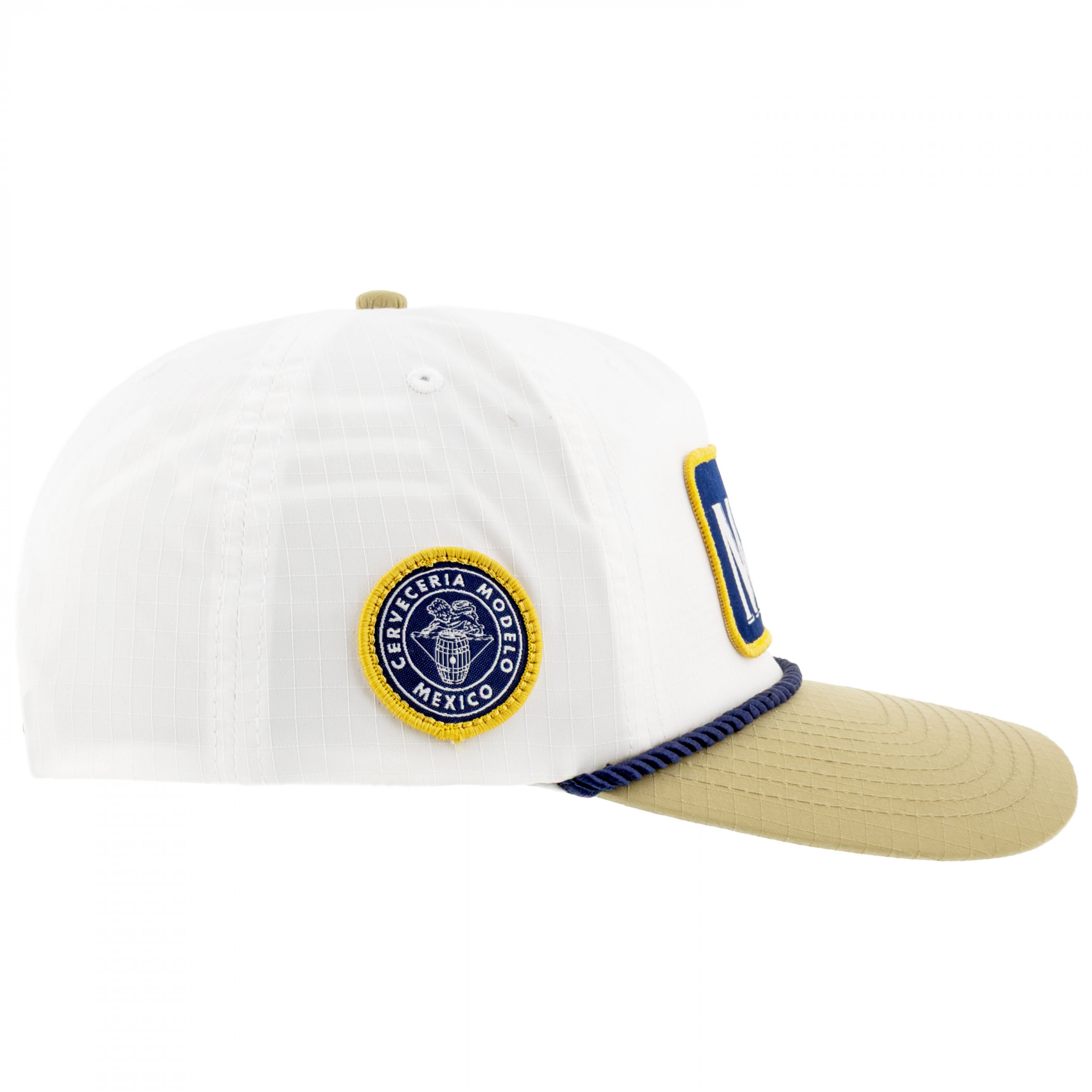 Modelo White Woven Label Snapback Hat with Rope
