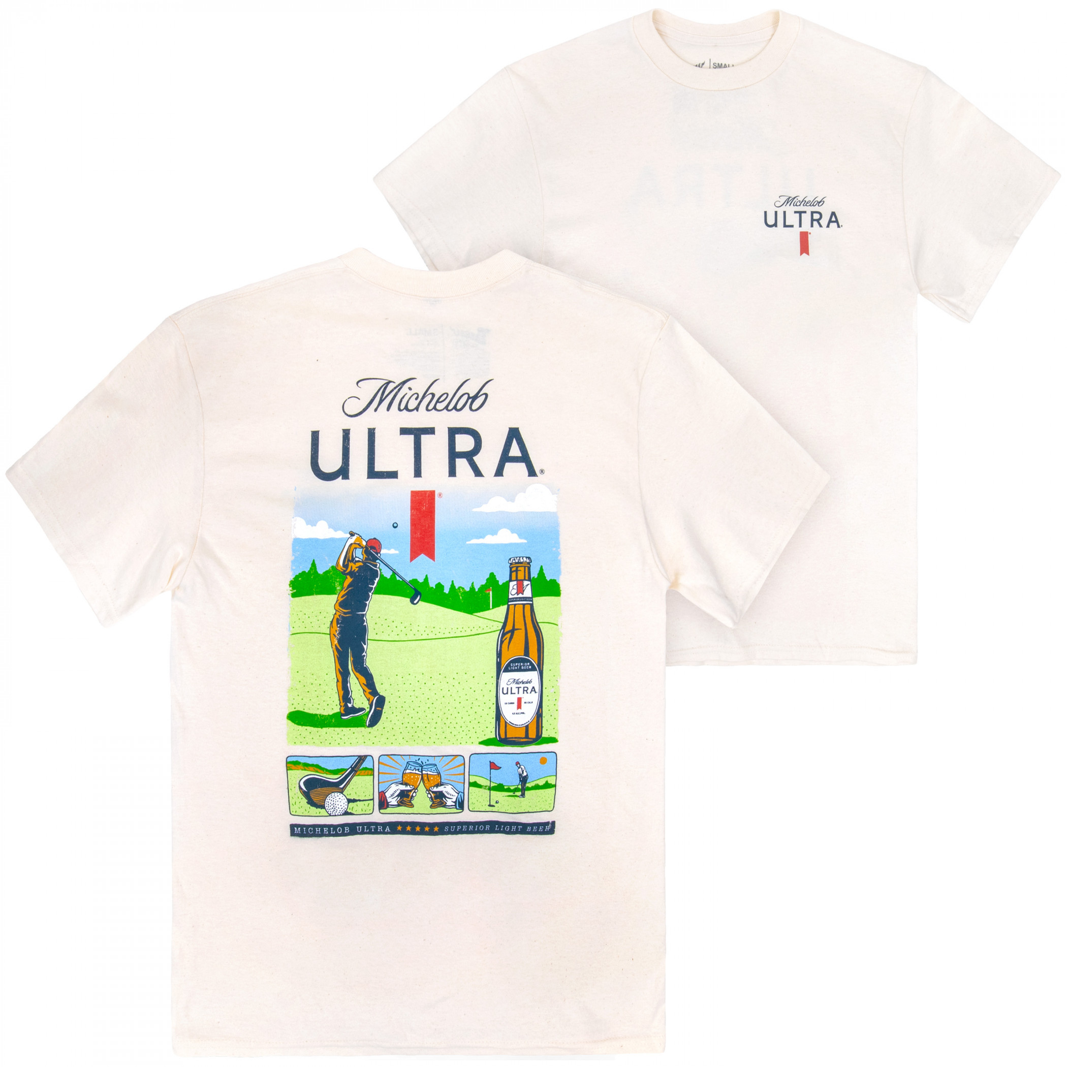 Michelob Ultra Golf Panels Beige Colorway Front and Back Print T-Shirt