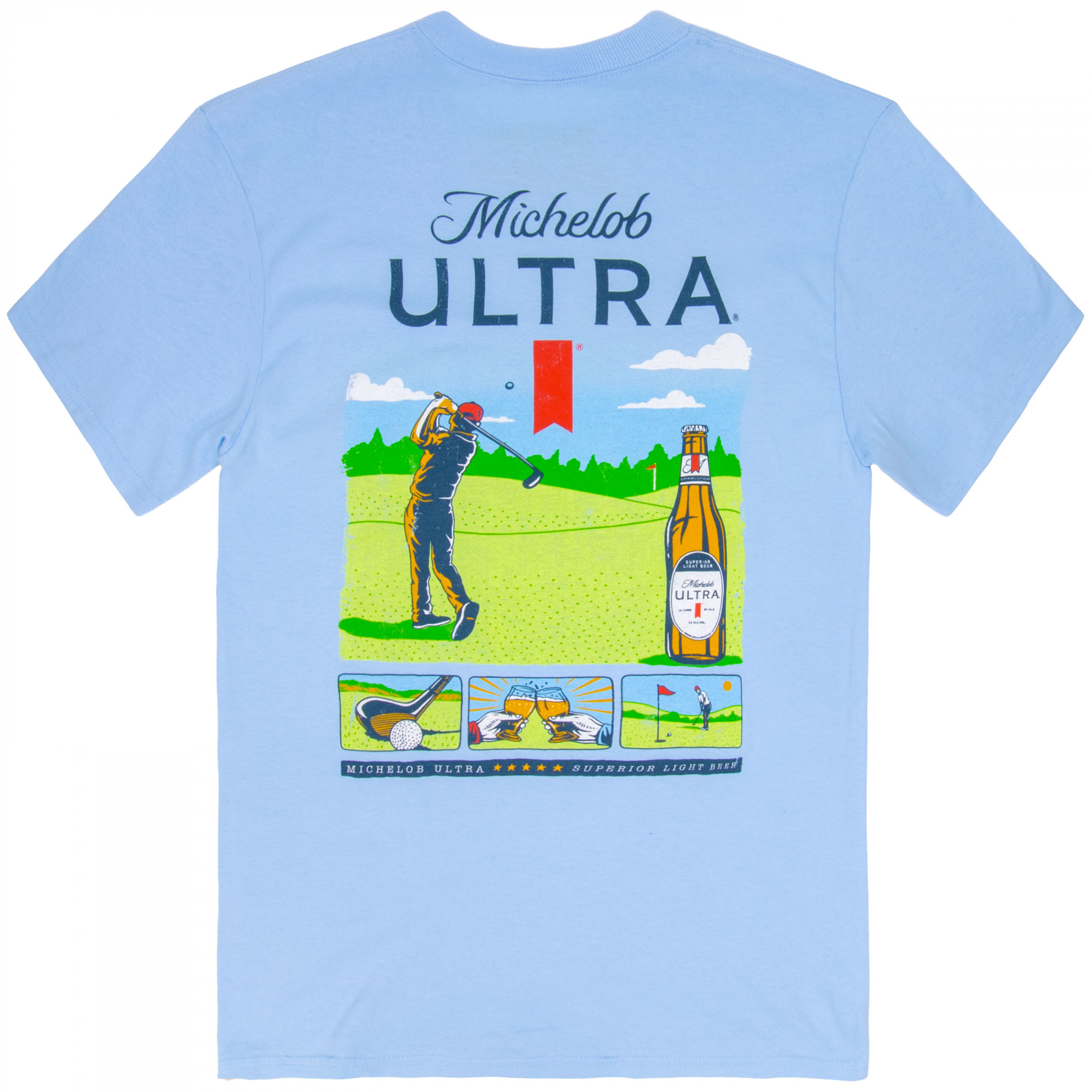 Michelob Ultra Golf Panels Blue Colorway Front and Back Print T-Shirt