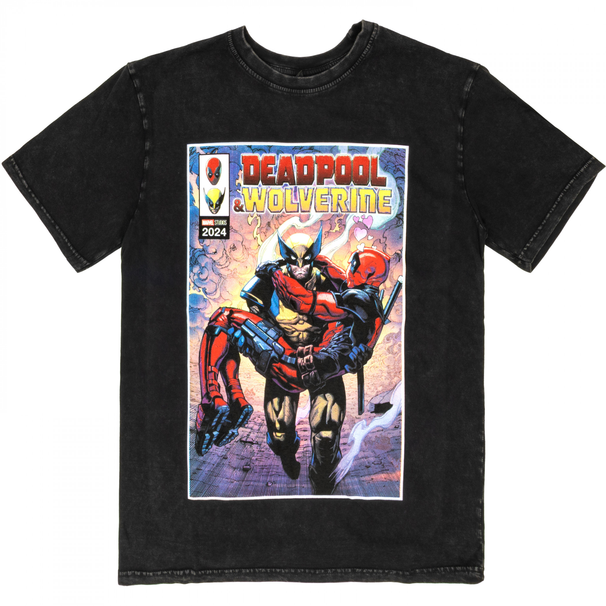 Wolverine Carrying Deadpool Stone Wash T-Shirt, Black