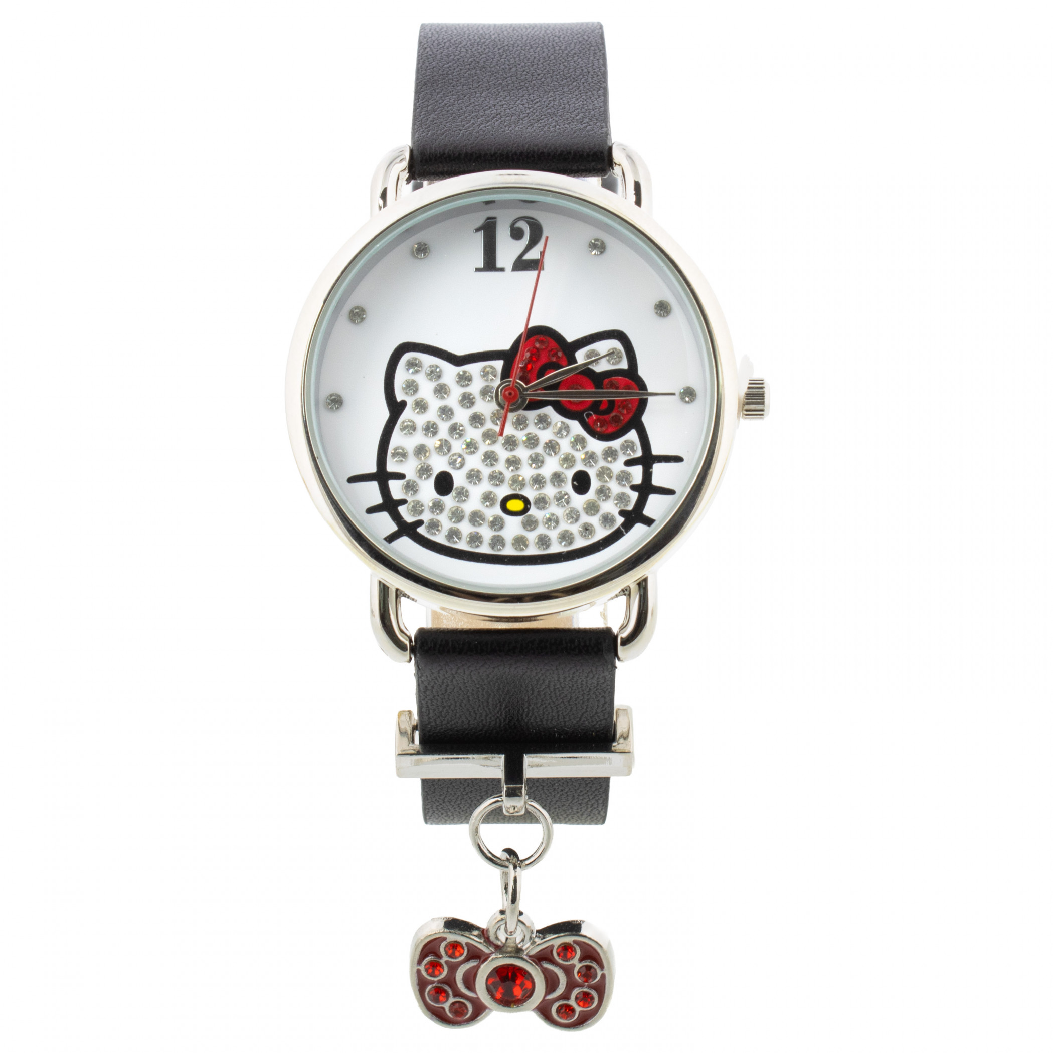 Hello Kitty Blinged Out Analog Wrist Watch with Black Band and Charm, Black