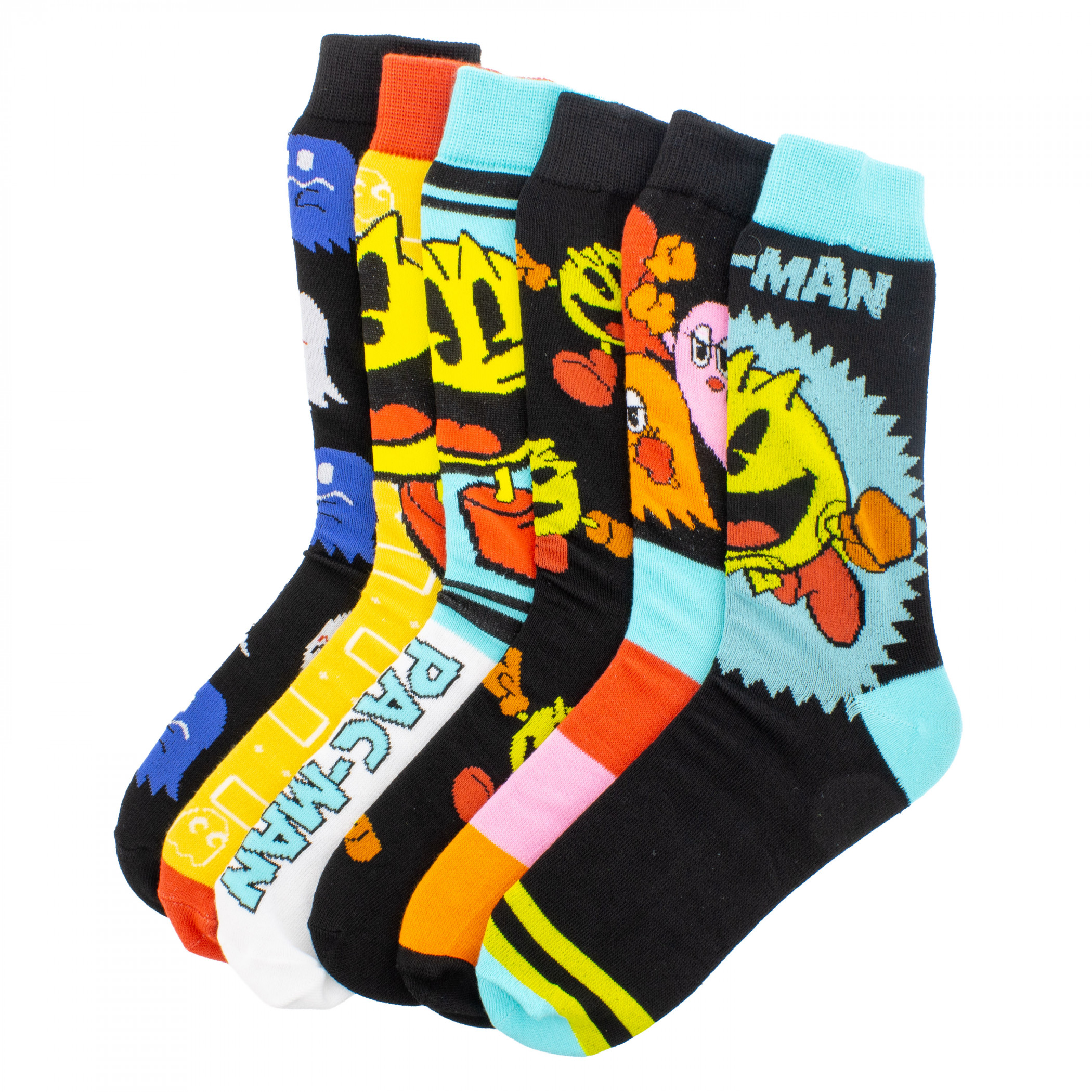 Pac-Man Assorted Blue Crew Socks 6-Pack, Multi-Color