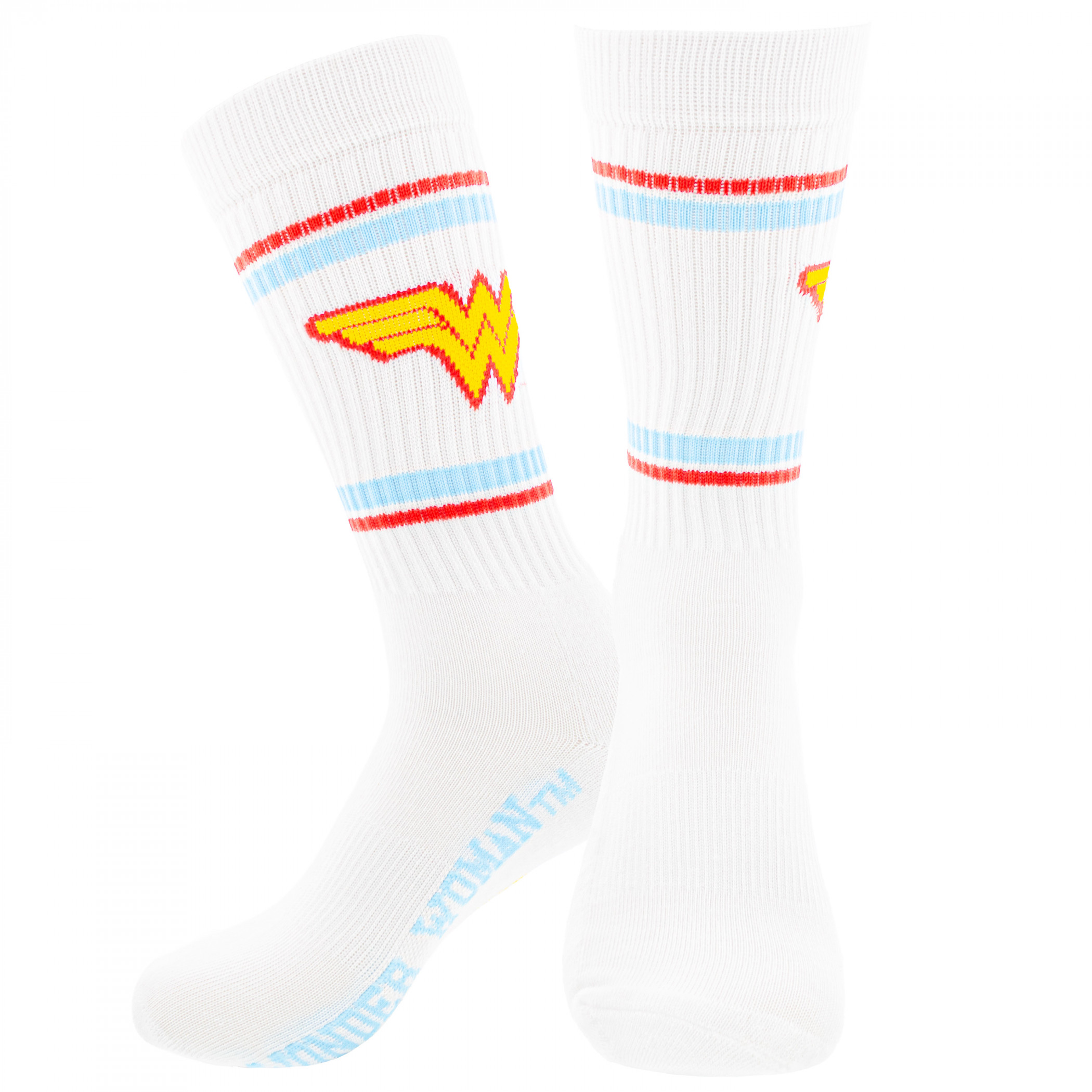 Wonder Woman Blue and Red Striped Athletic Crew Socks, White