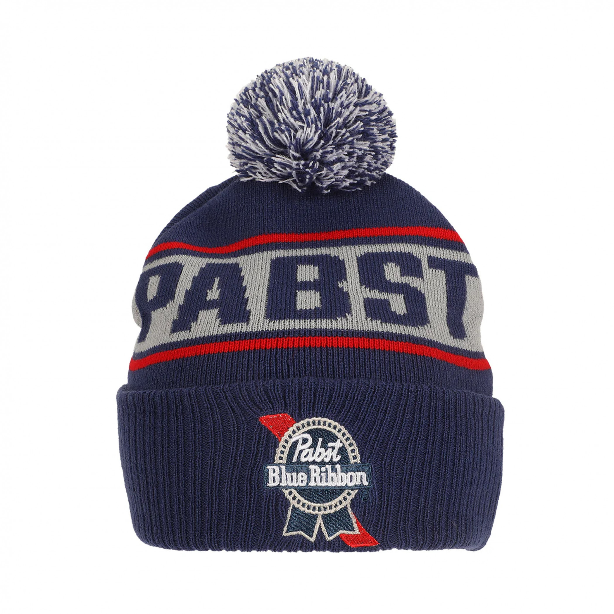 Pabst Blue Ribbon Jacquard and Embroidered Logo Knit Beanie with Pom