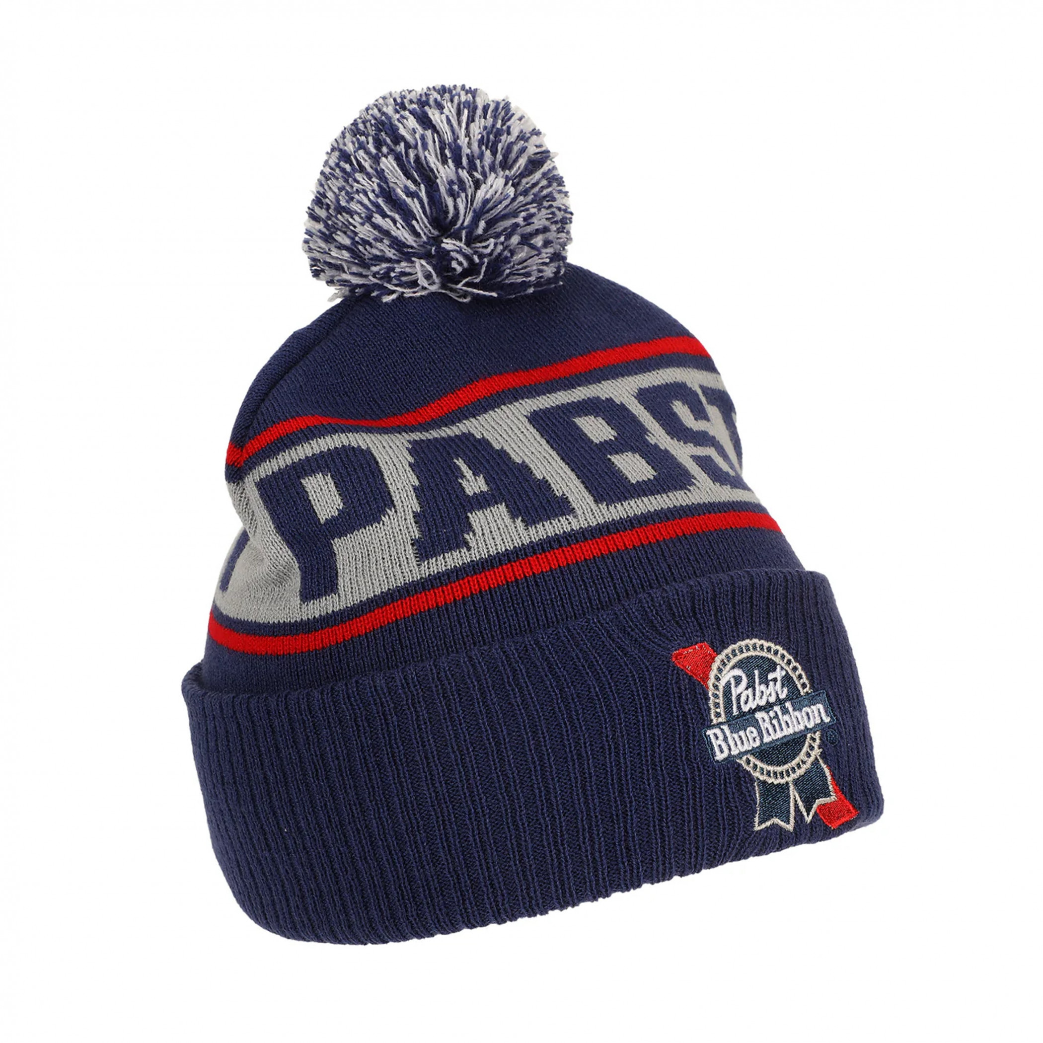 Pabst Blue Ribbon Jacquard and Embroidered Logo Knit Beanie with Pom