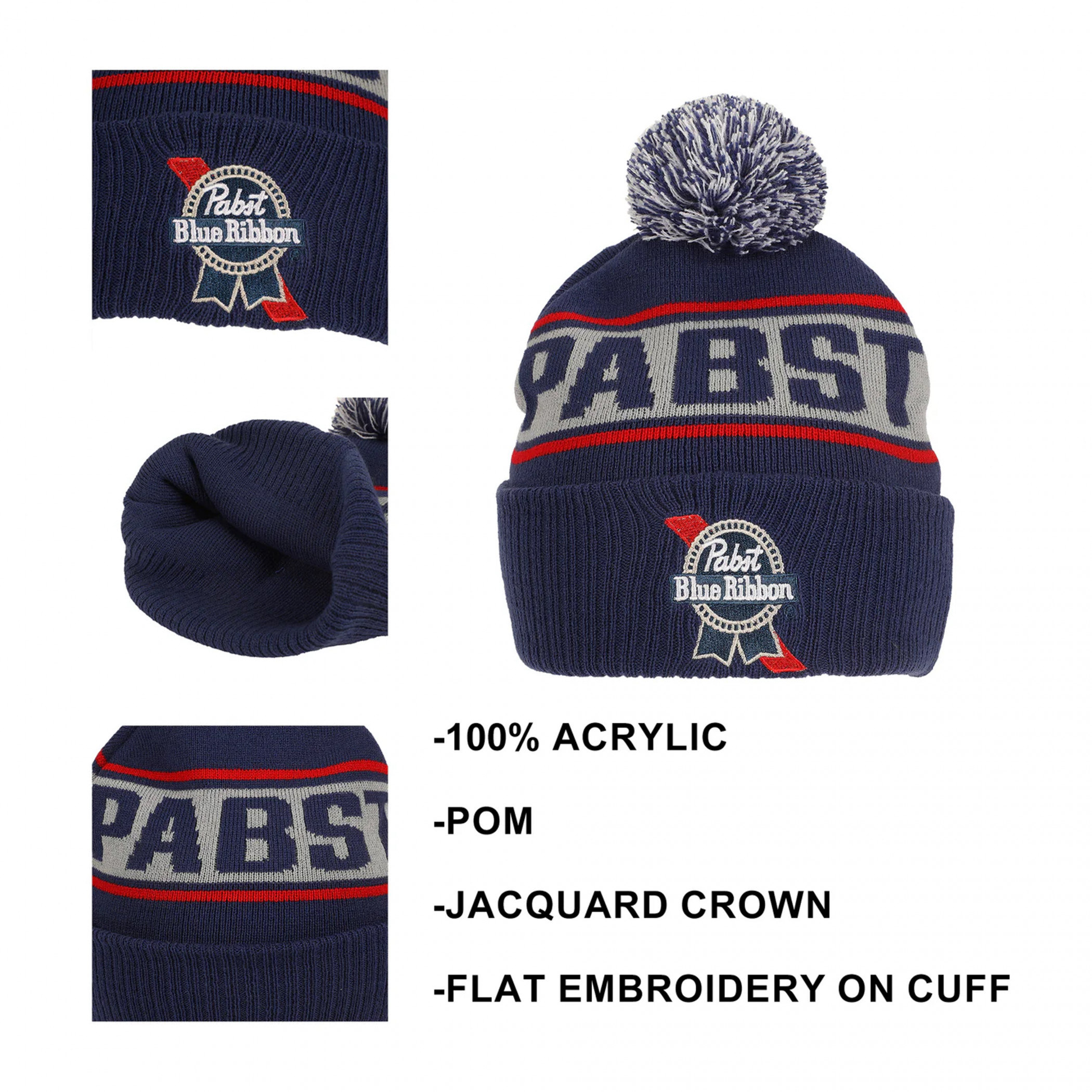 Pabst Blue Ribbon Jacquard and Embroidered Logo Knit Beanie with Pom