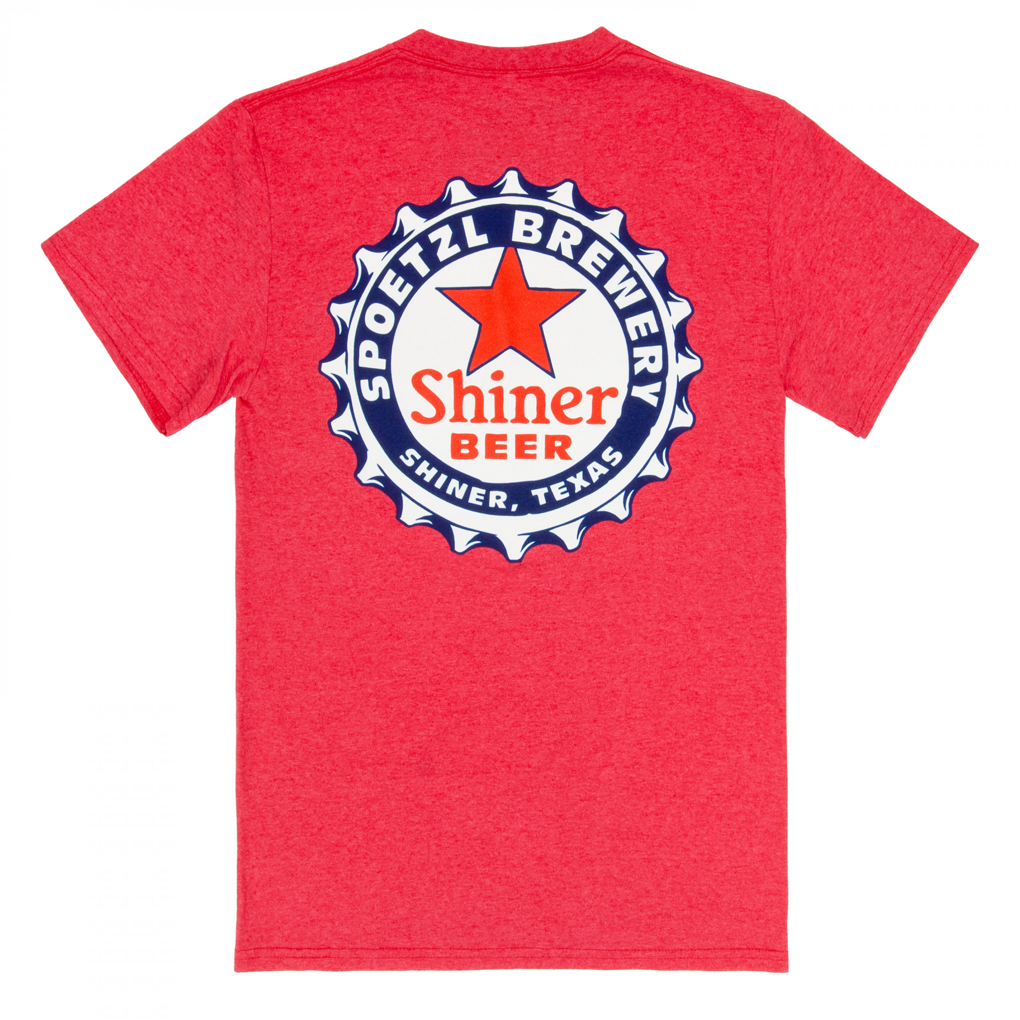 Shiner Bock Bottle Cap Design on Red Front & Back Print T-Shirt