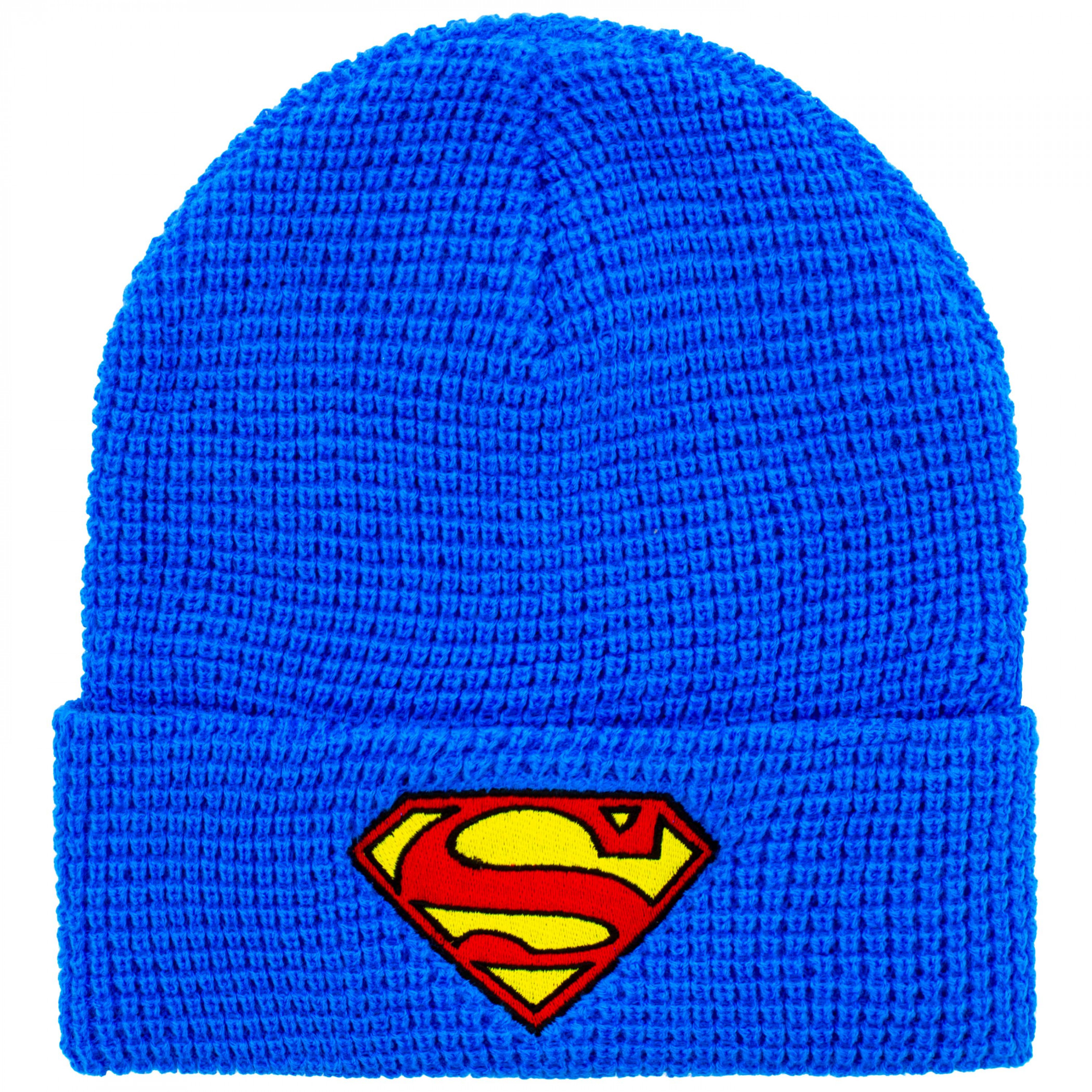 Superman Embroidered Logo Waffle Knit Cuff Beanie, Blue