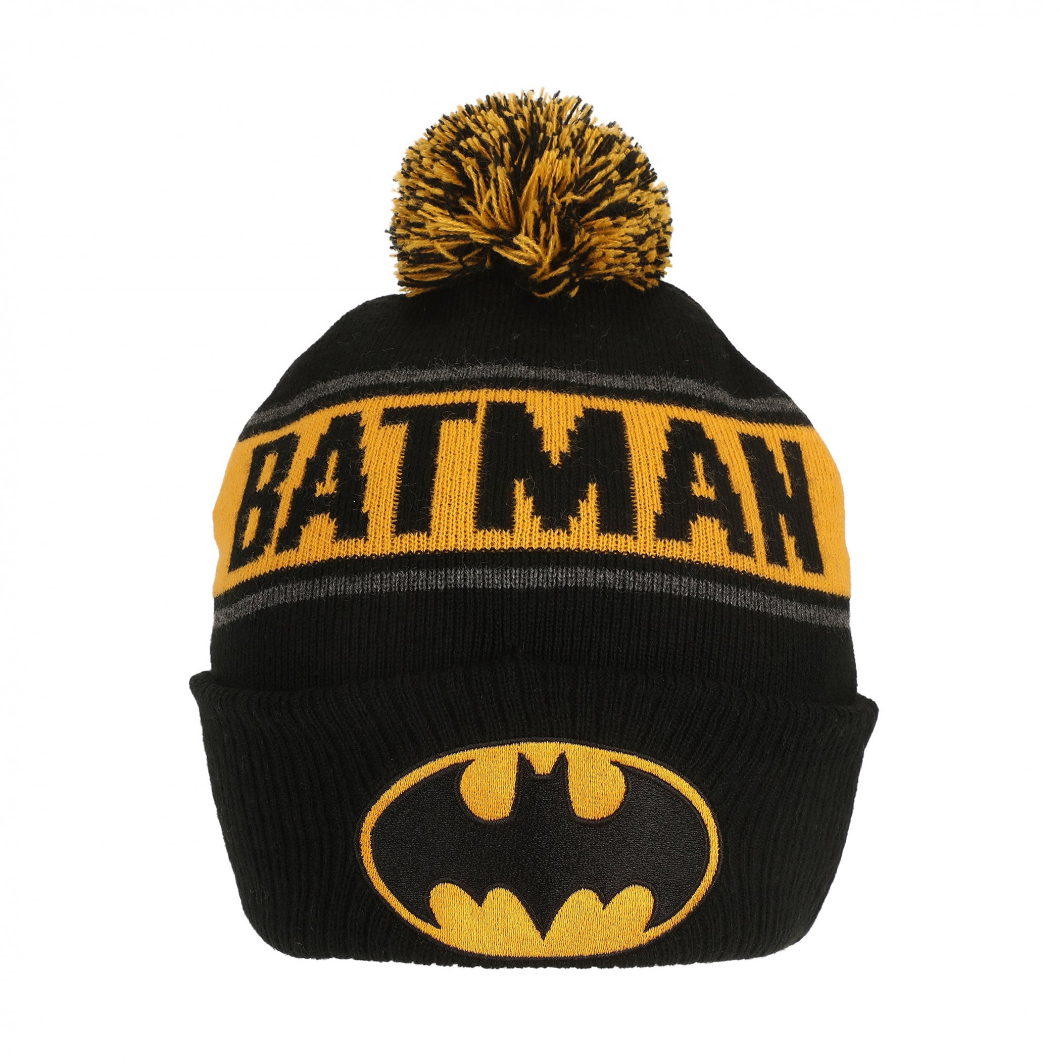 Batman Jacquard Embroidered Logo Knit Cuff Beanie with Pom, Black